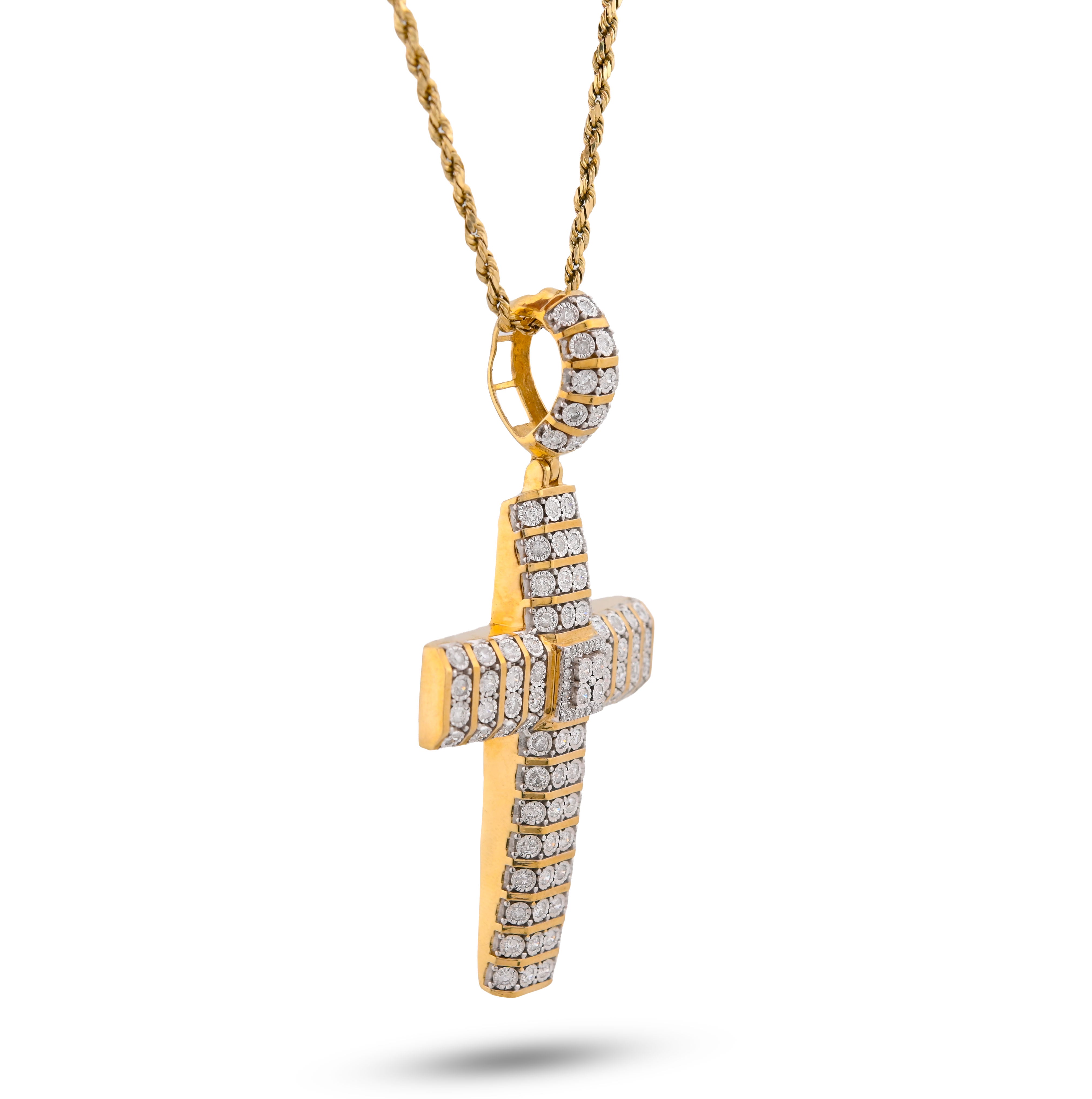 10K Yellow Gold Multi Row/Column Natural Diamond Illusion Natural Diamond 2CT Cross Charm Pendant