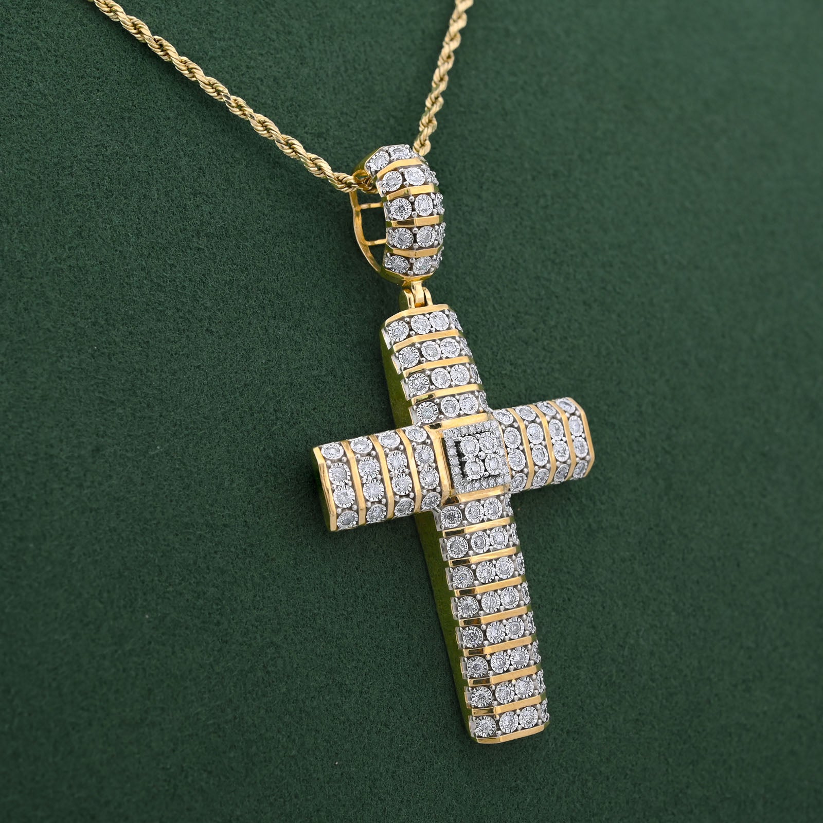 10K Yellow Gold Multi Row/Column Natural Diamond Illusion Natural Diamond 2CT Cross Charm Pendant