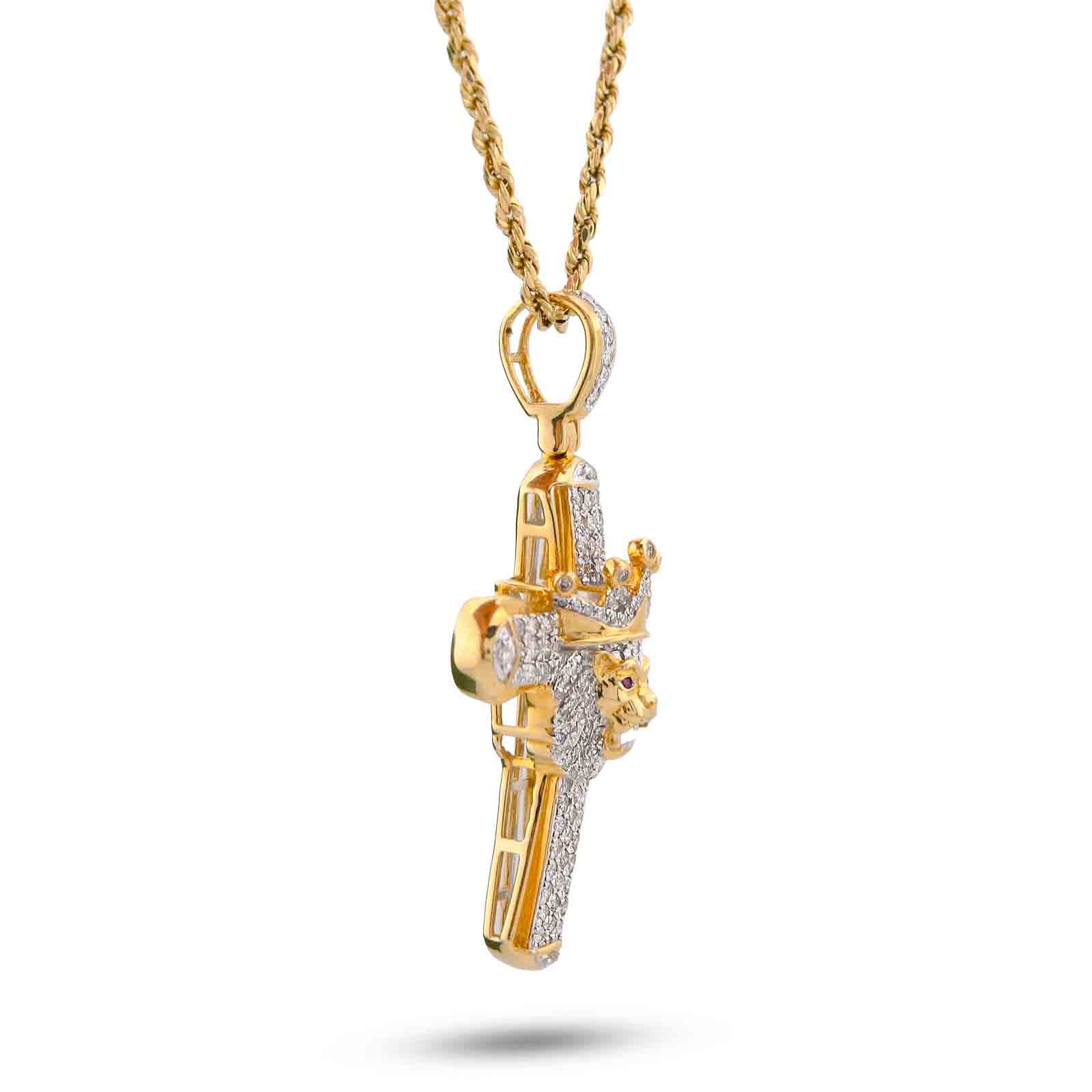 10K Yellow Gold 1CT Natural Diamond Cross Pendant Lion Face w/ Crown Centre Men Pendant