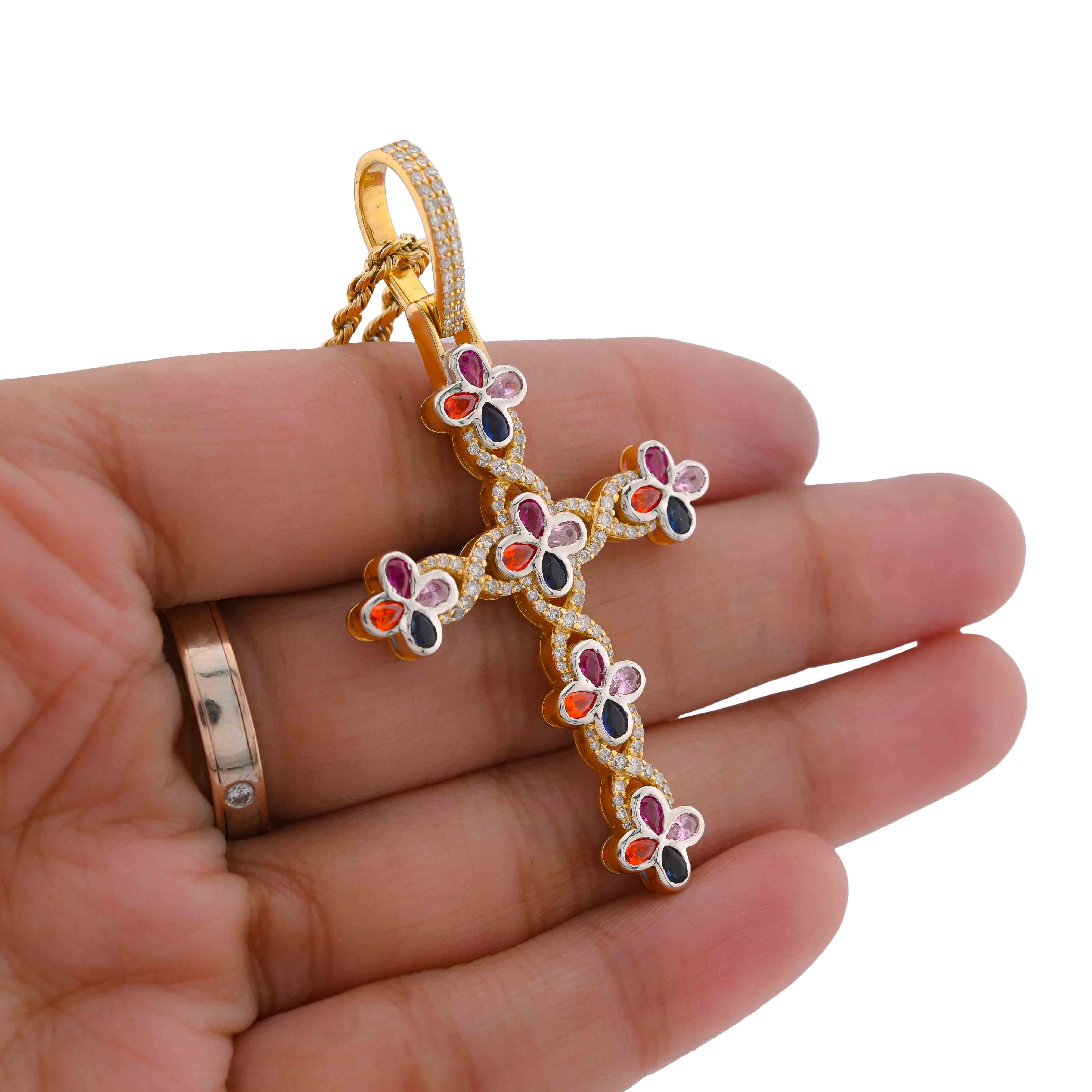 10K Yellow Gold 1.35CT Natural Diamond & Gemstone Clover Cross pendant Men Women Charm