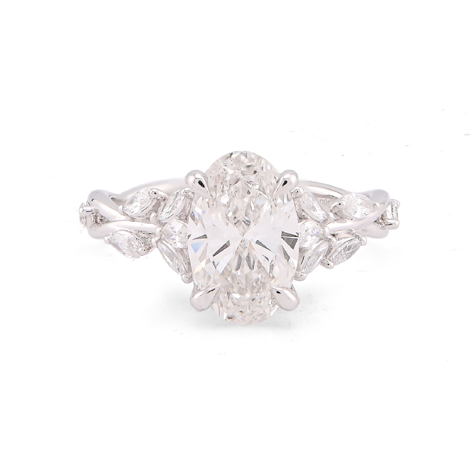 14K White Gold 2.58CT Oval Centre Solitaire Leaf Designed Marquise Lab Diamond Women Ring