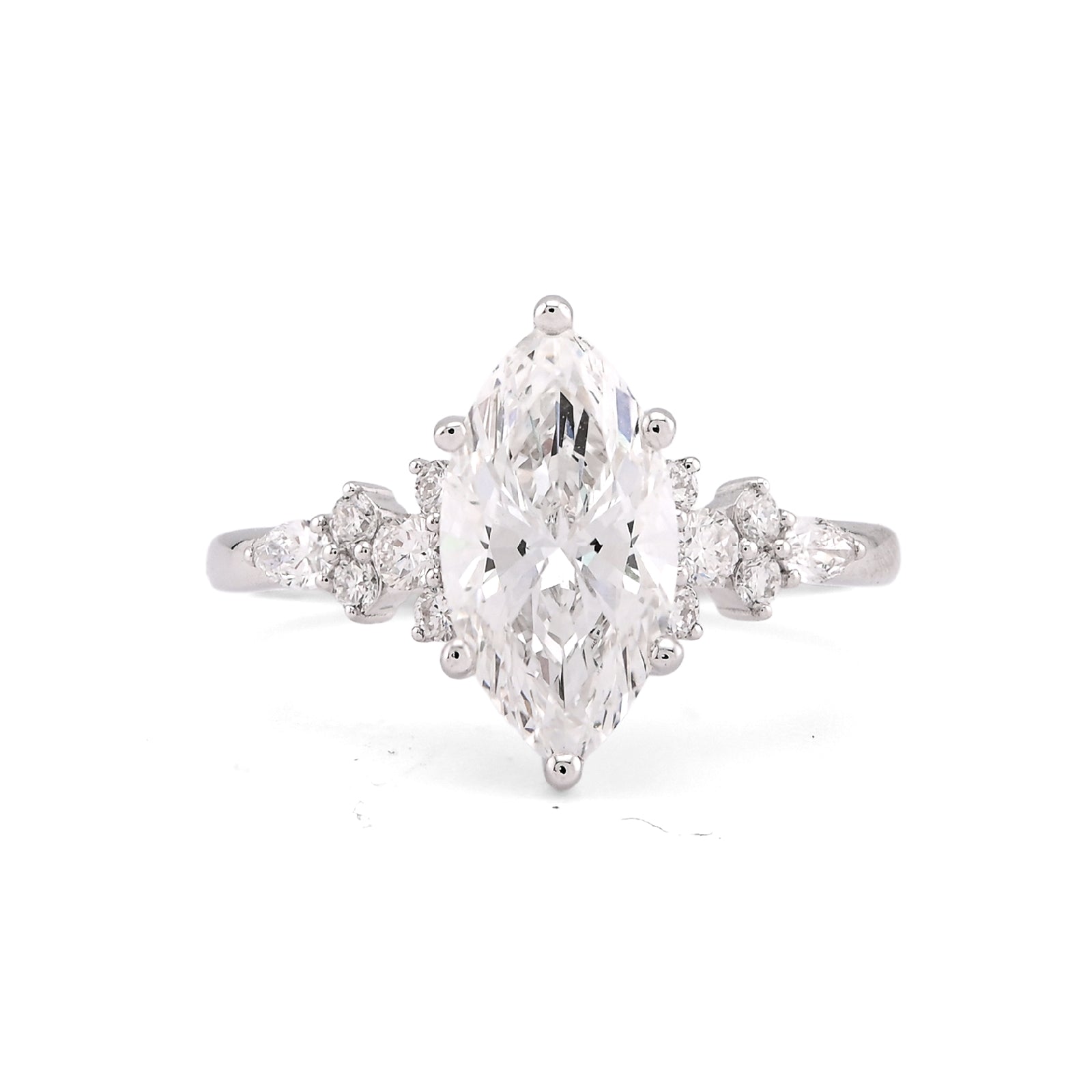 14K White Gold 2.39CT Marquise Centre Solitaire Pear/Round Lab Diamond Flower Side Women Ring