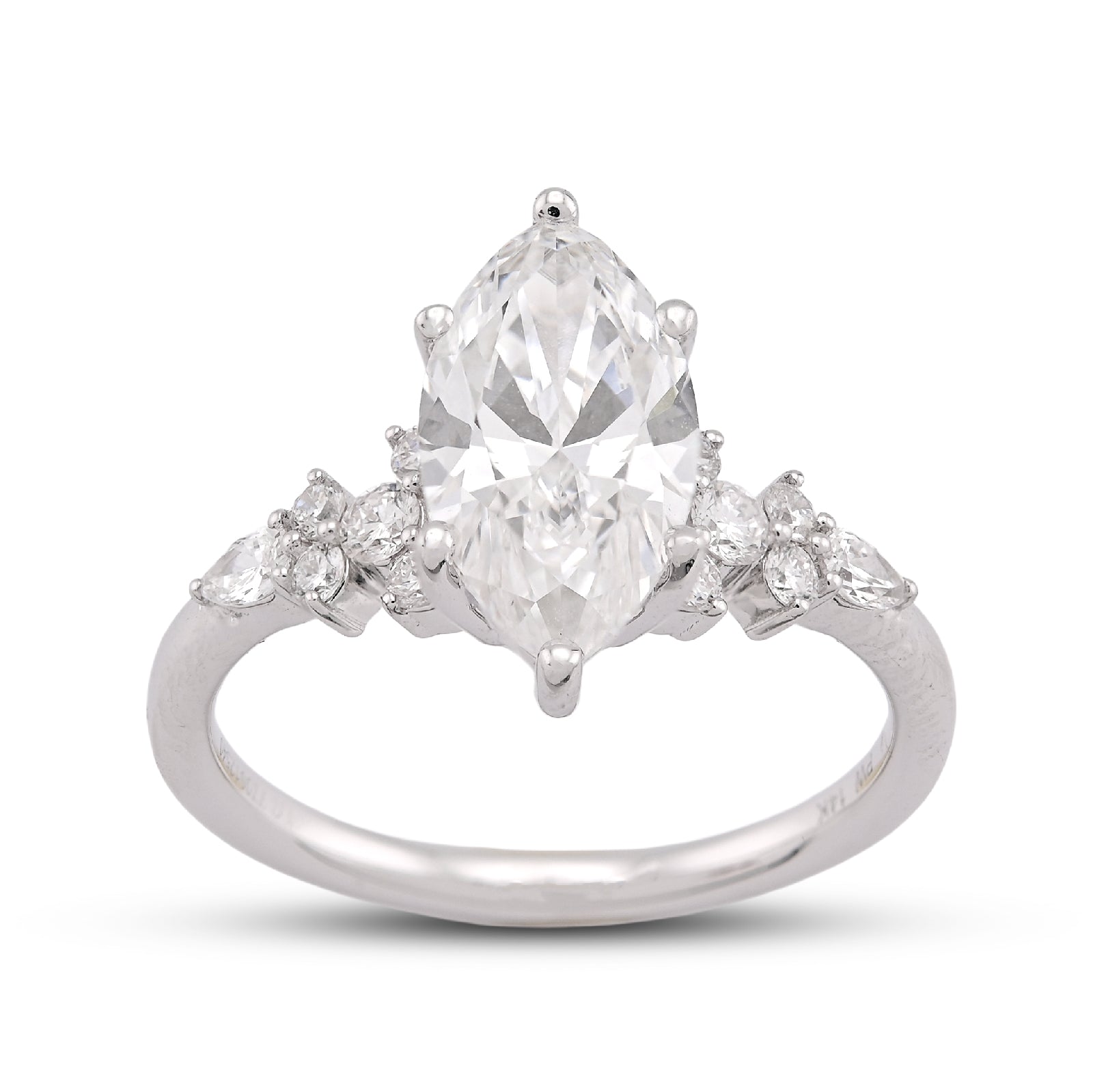 14K White Gold 2.39CT Marquise Centre Solitaire Pear/Round Lab Diamond Flower Side Women Ring