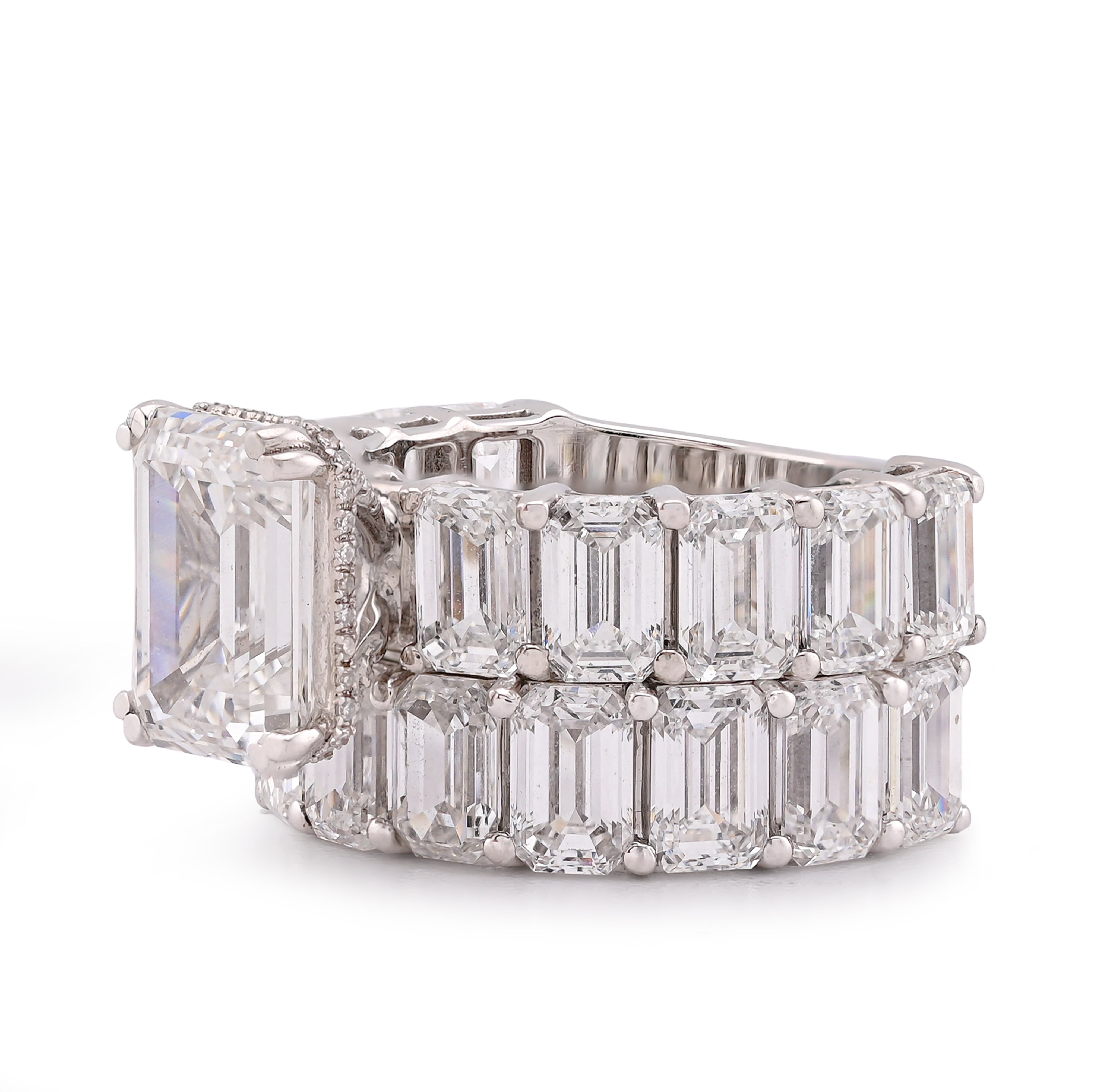 14K White Gold 16.95CT Emerald Solitaire Centre and Side Women Lab Diamond Ring with Band