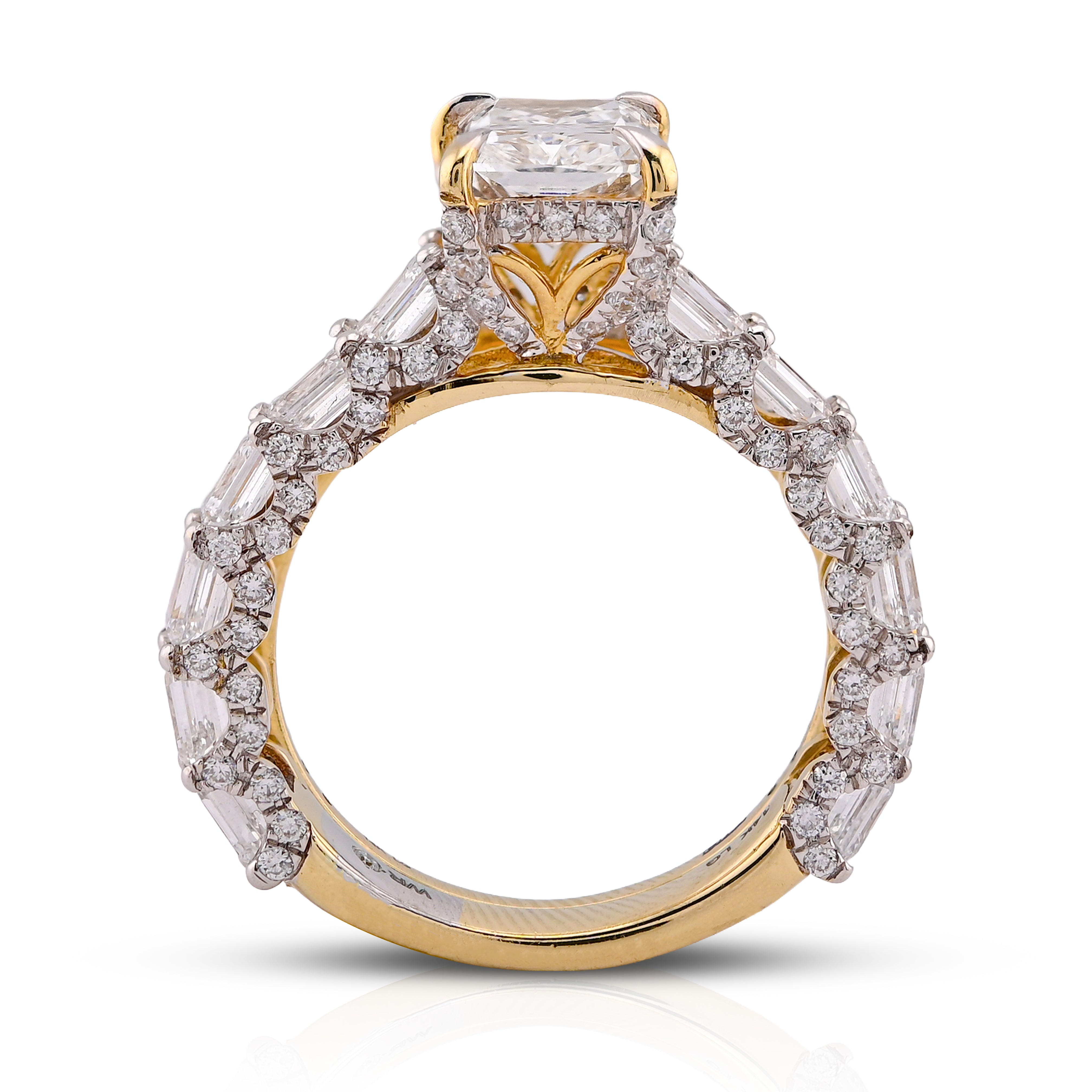 14K Yellow Gold 4.75CT Radiant Solitaire Centre Emerald Side Designer Lab Diamond Women Ring with Band