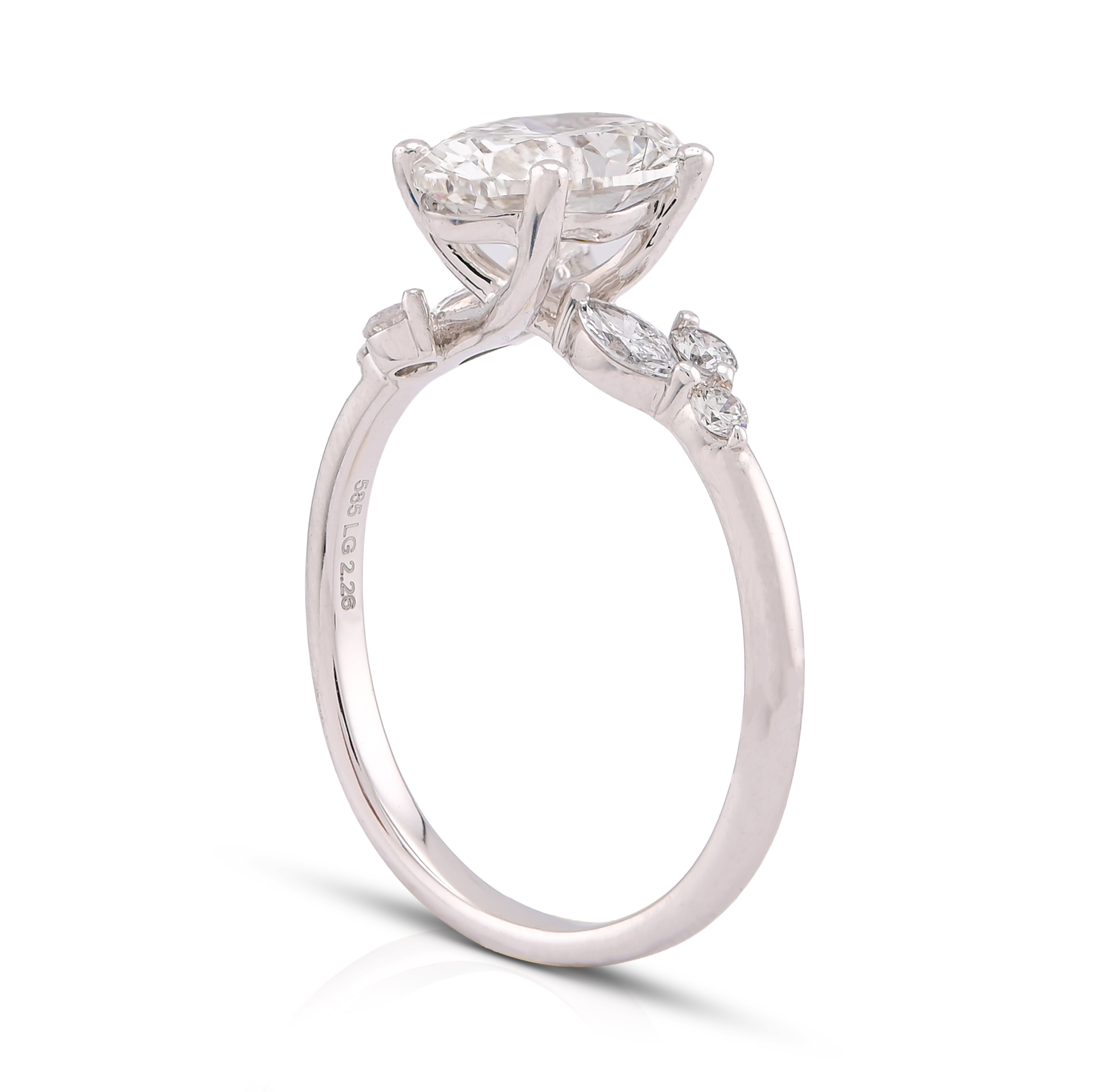 14K White Gold 2.25CT Oval Solitaire Centre Marquise/Round Side Lab Diamond Women Ring