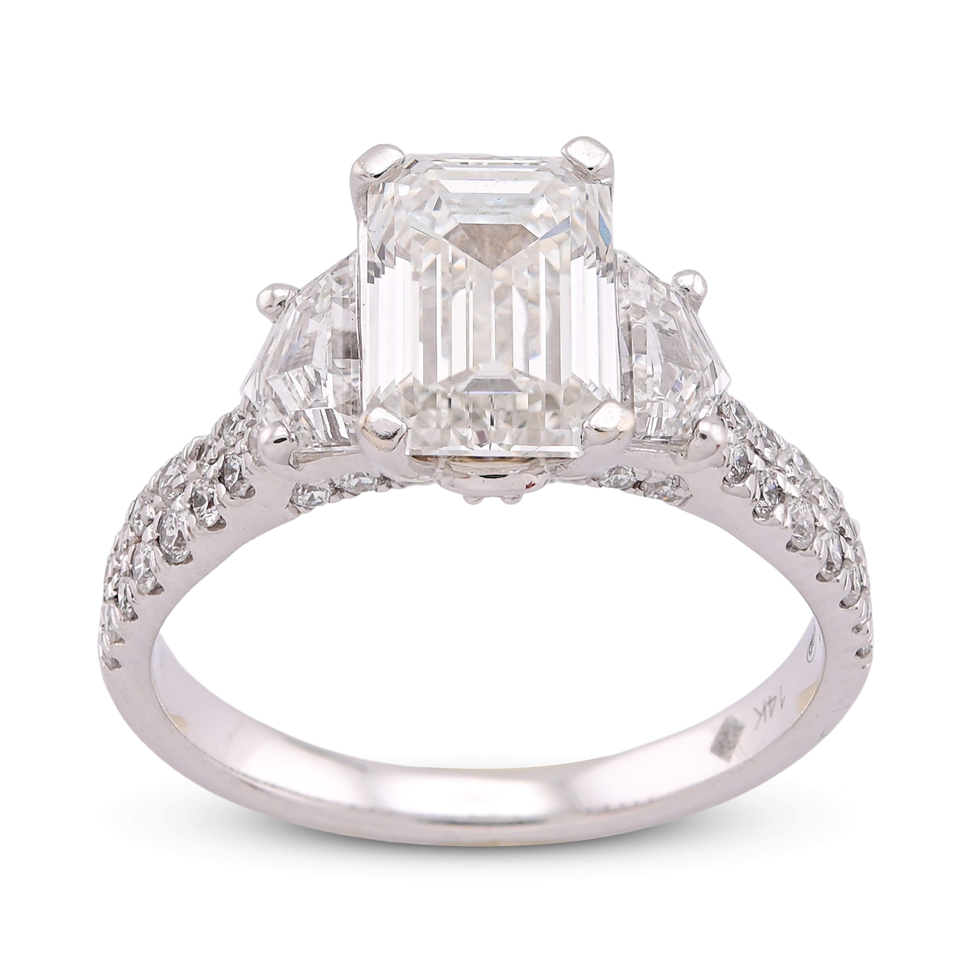 14K White Gold 3.25CT Emerald Solitaire Radiant/Round Side Lab Diamond Women Ring