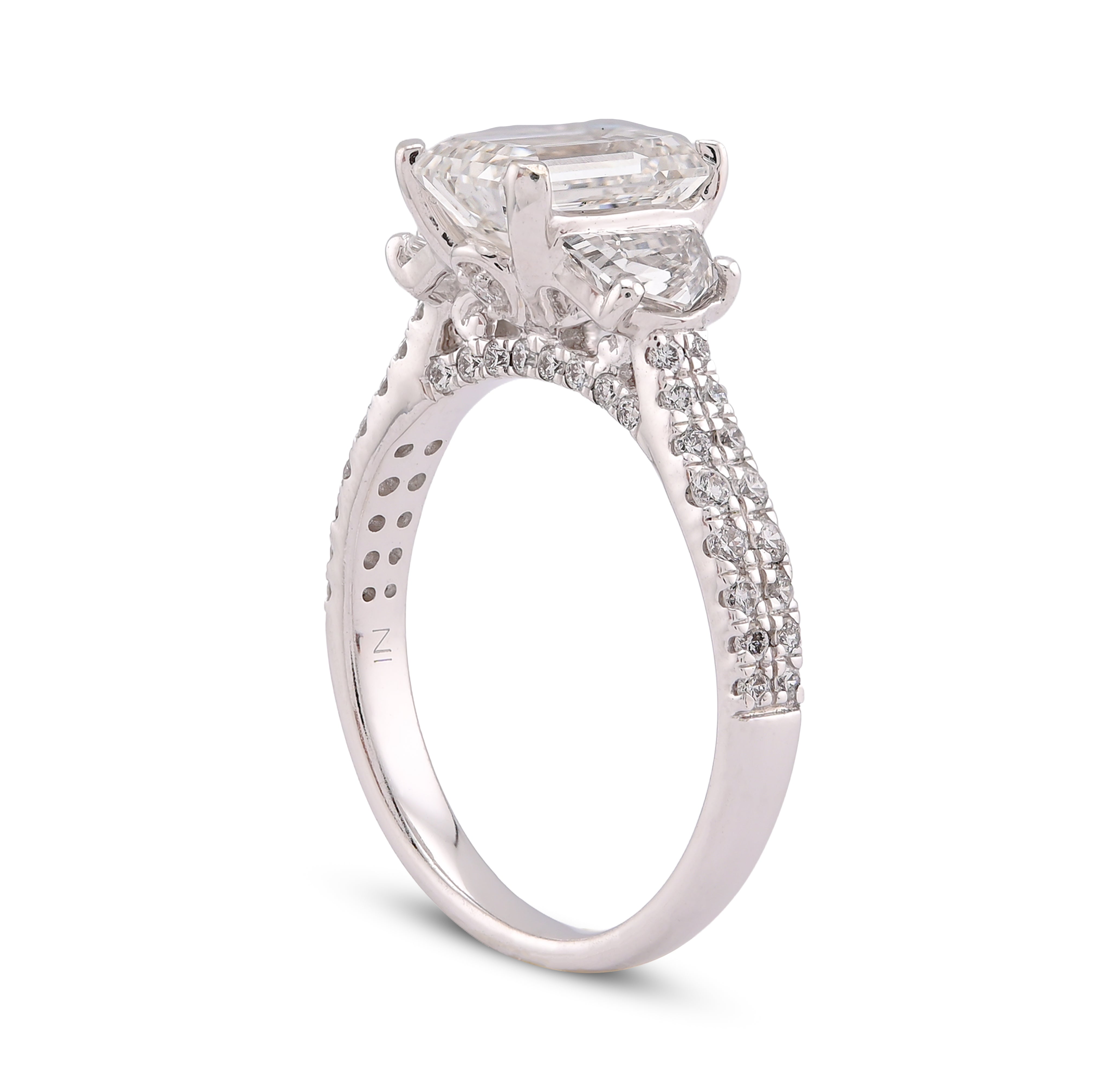 14K White Gold 3.25CT Emerald Solitaire Radiant/Round Side Lab Diamond Women Ring