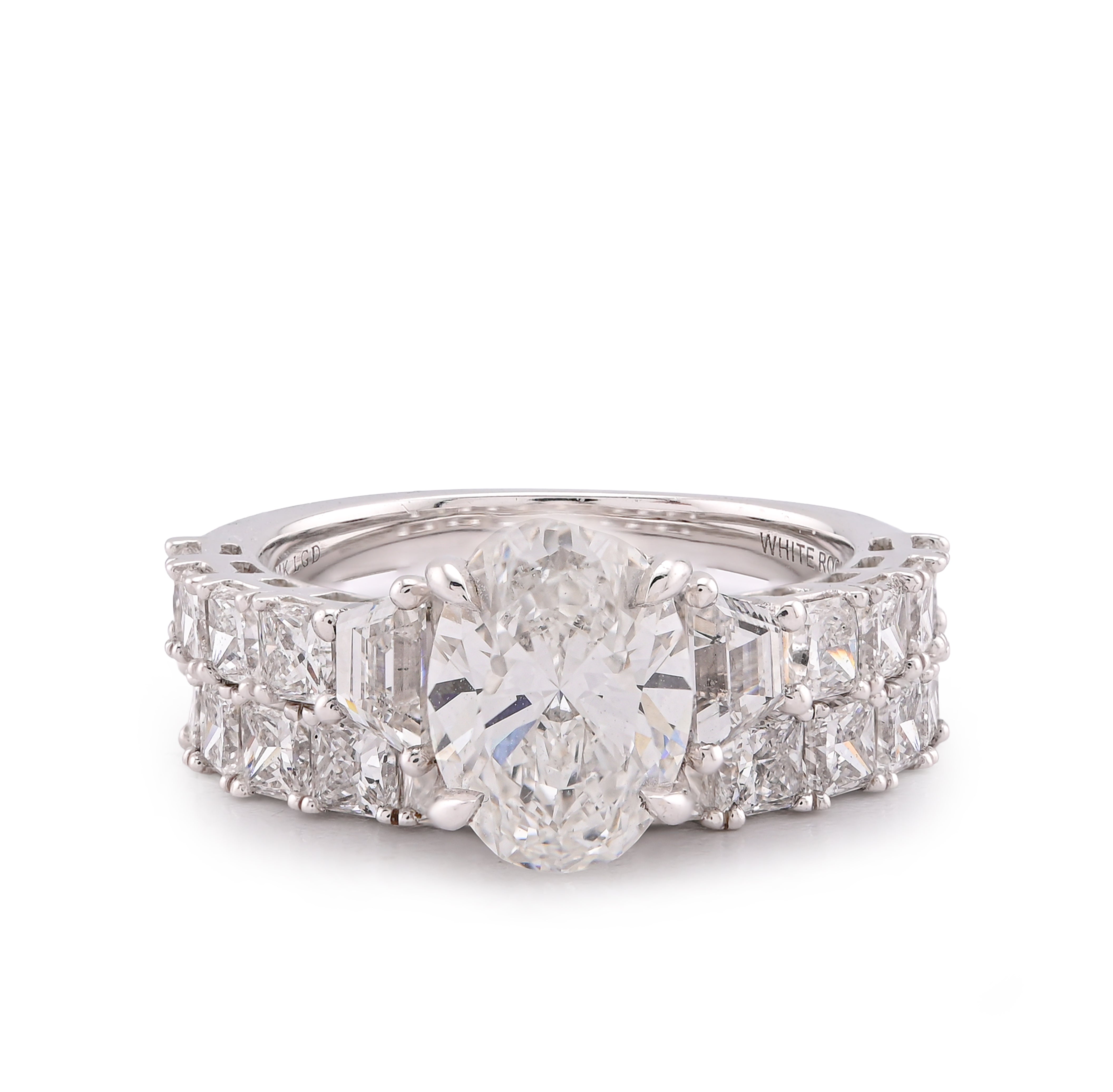 14K White Gold 5.36CT Radiant Side Oval Solitaire Centre Lab Diamond Women Ring with Band