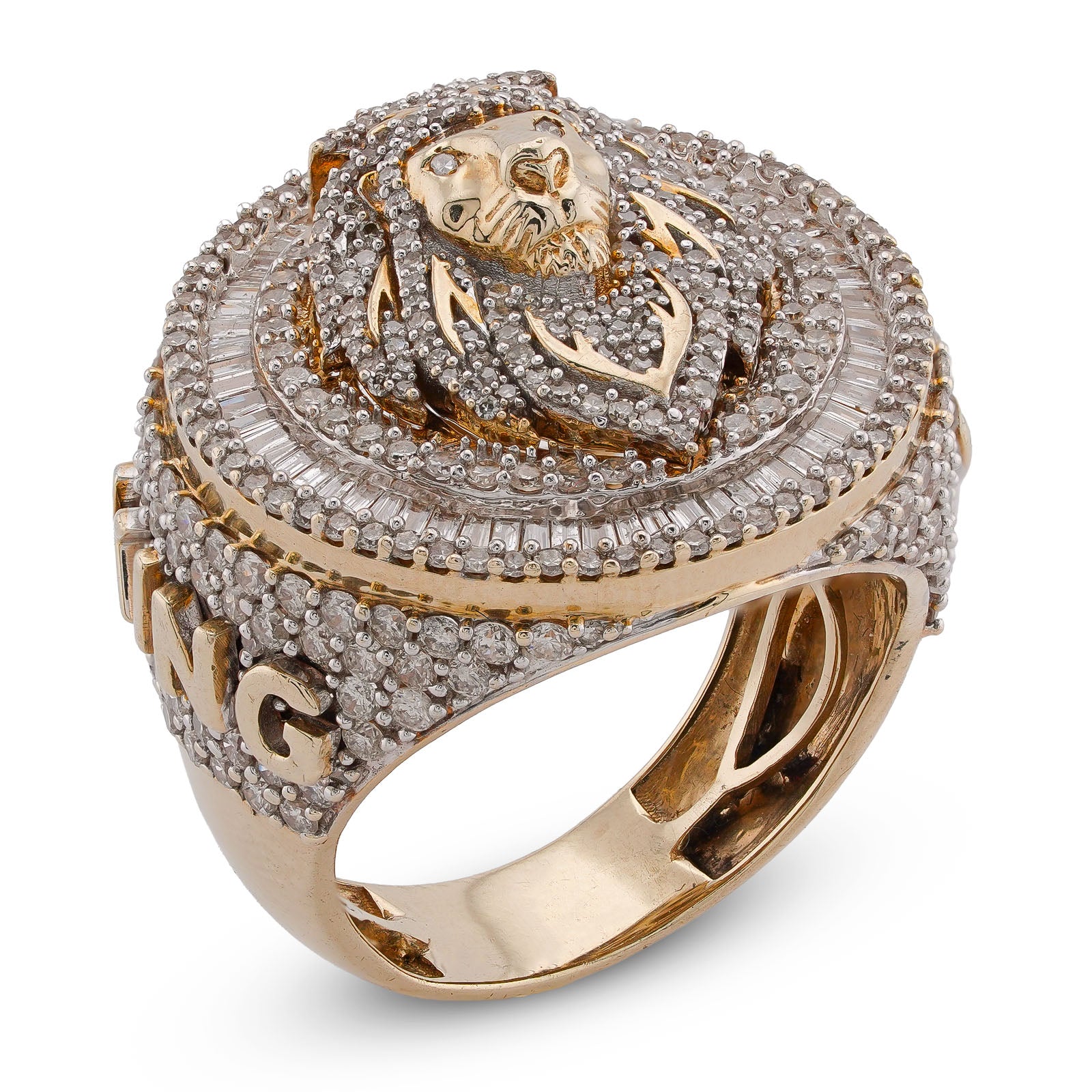 10K Yellow Gold 2.98CT Round/Baguette Natural Diamond Lion Head/Paws Round Shape Men Pinky Ring
