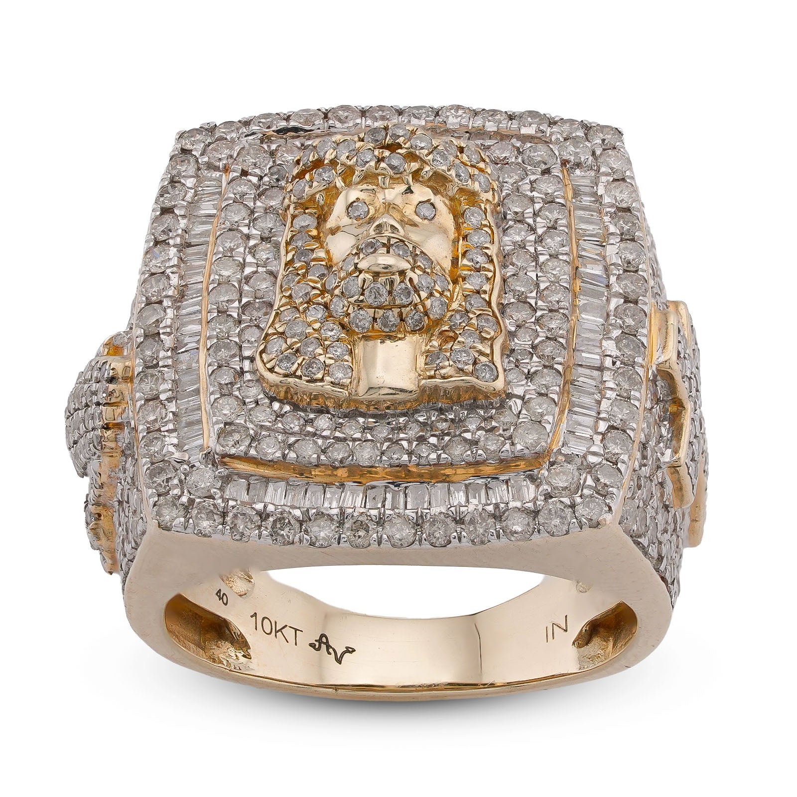 10K Yellow Gold Rectangular Shape Jesus Head w/ Cross Baguette Natural Diamond Men Pinky Ring