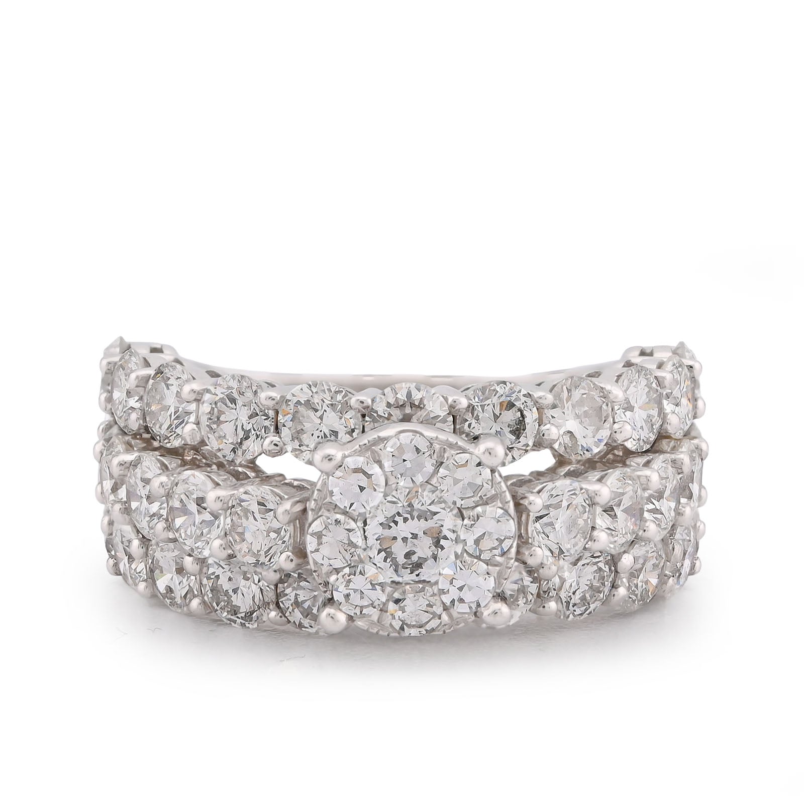 14K White Gold 4.8CT Natural Diamond Round Centre 3 Row Women Ring
