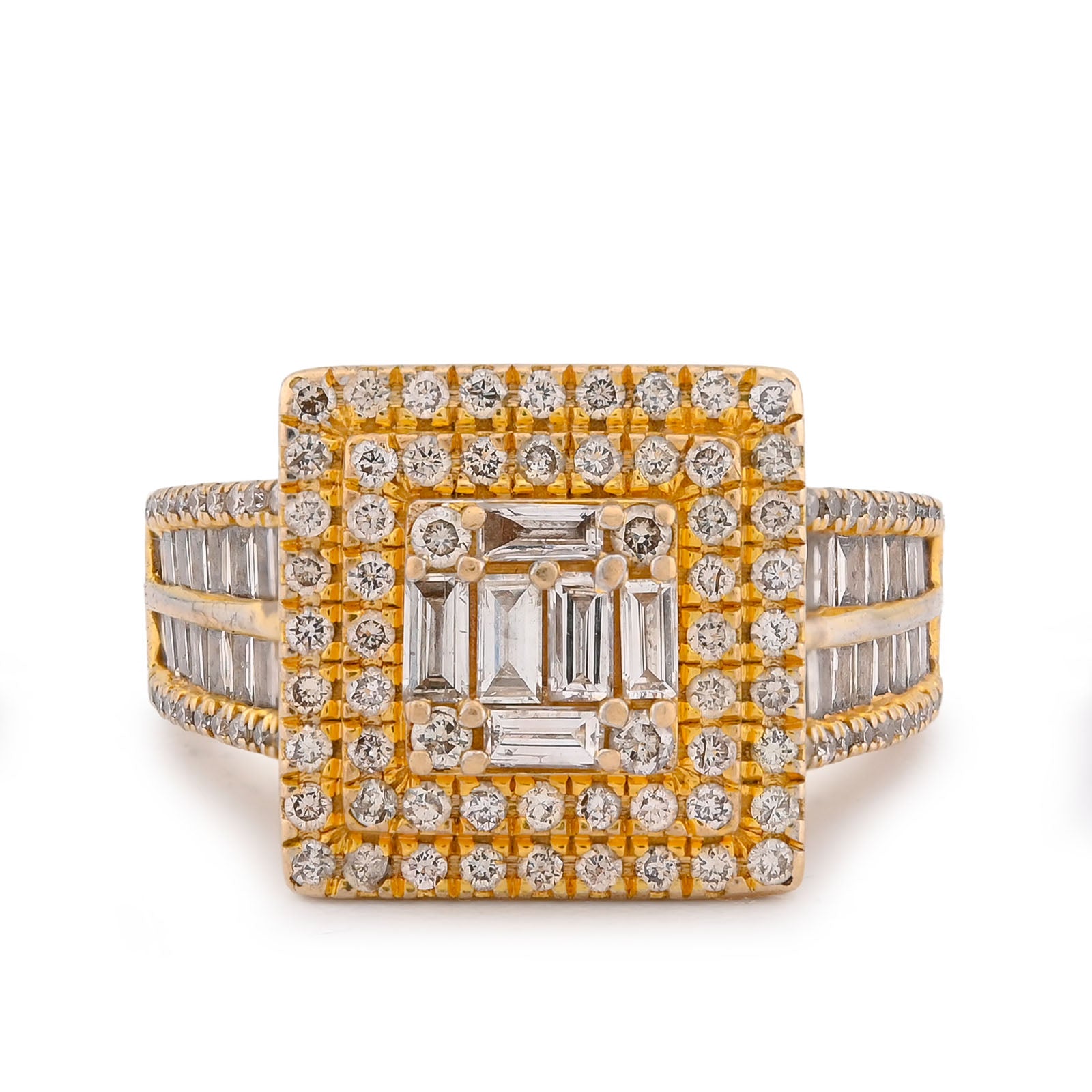 10K Yellow Gold 1.86CT Natural Diamond Square Halo Baguette Cenntre Women Ring