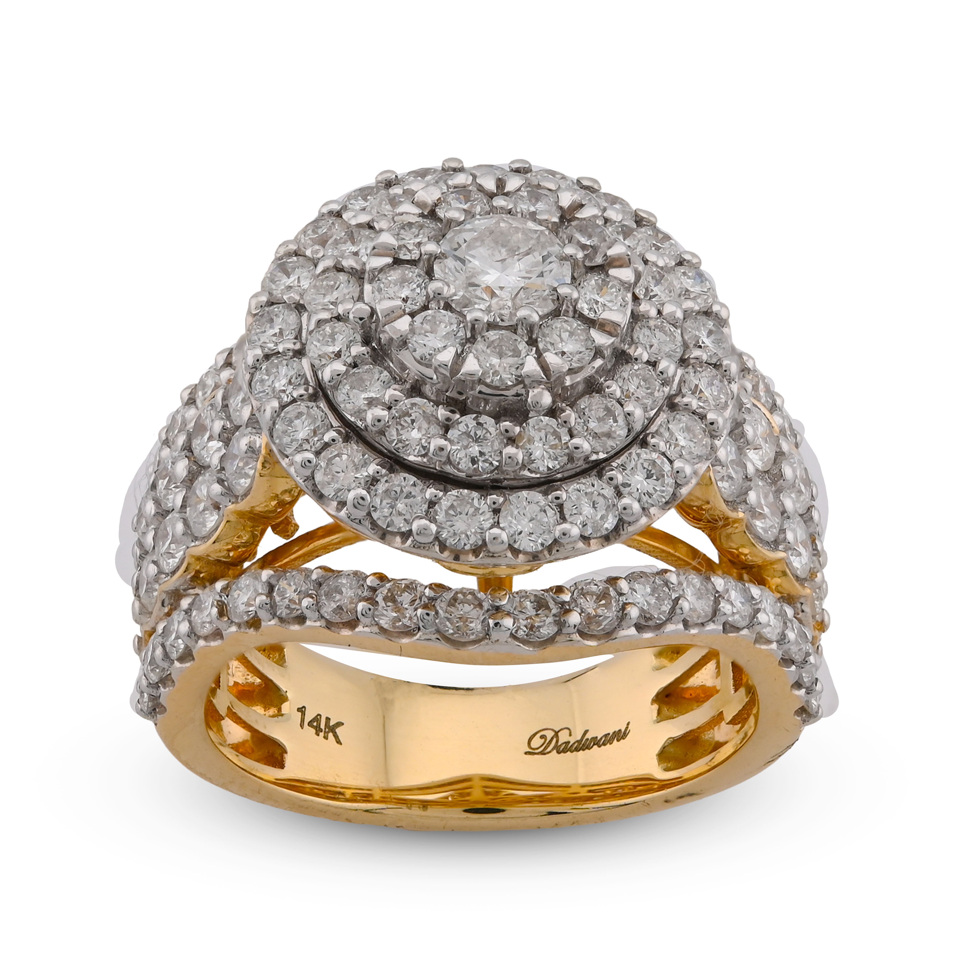 14K Yellow Gold 3CT Halo Cluster Round Centre Natural Diamond Multi Row Women Ring