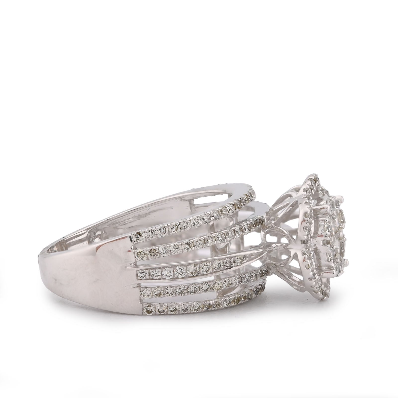 14K White Gold 0.99CT Flower Shape Multi Row Band Natural Diamond Women Ring