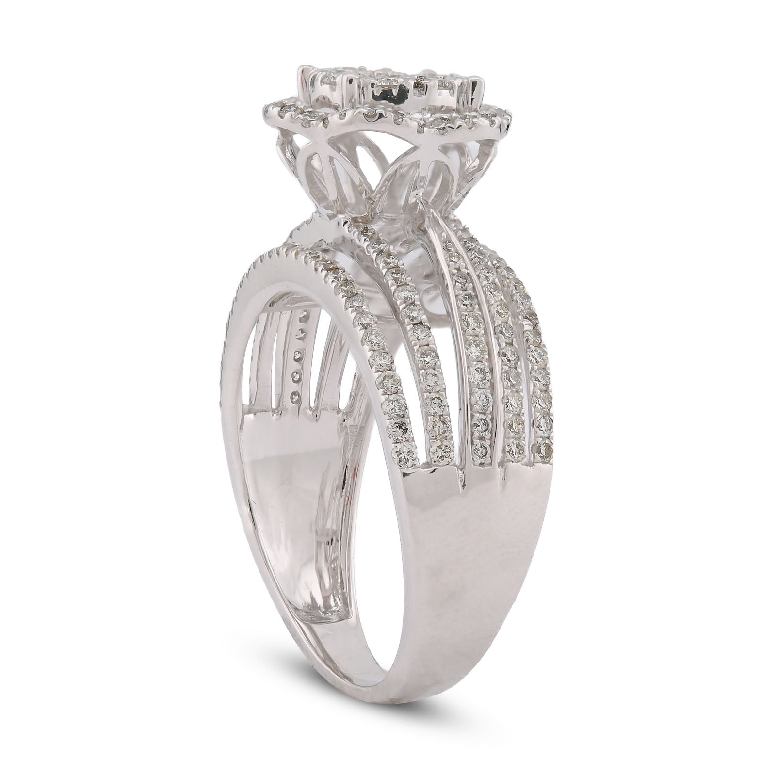14K White Gold 0.99CT Flower Shape Multi Row Band Natural Diamond Women Ring