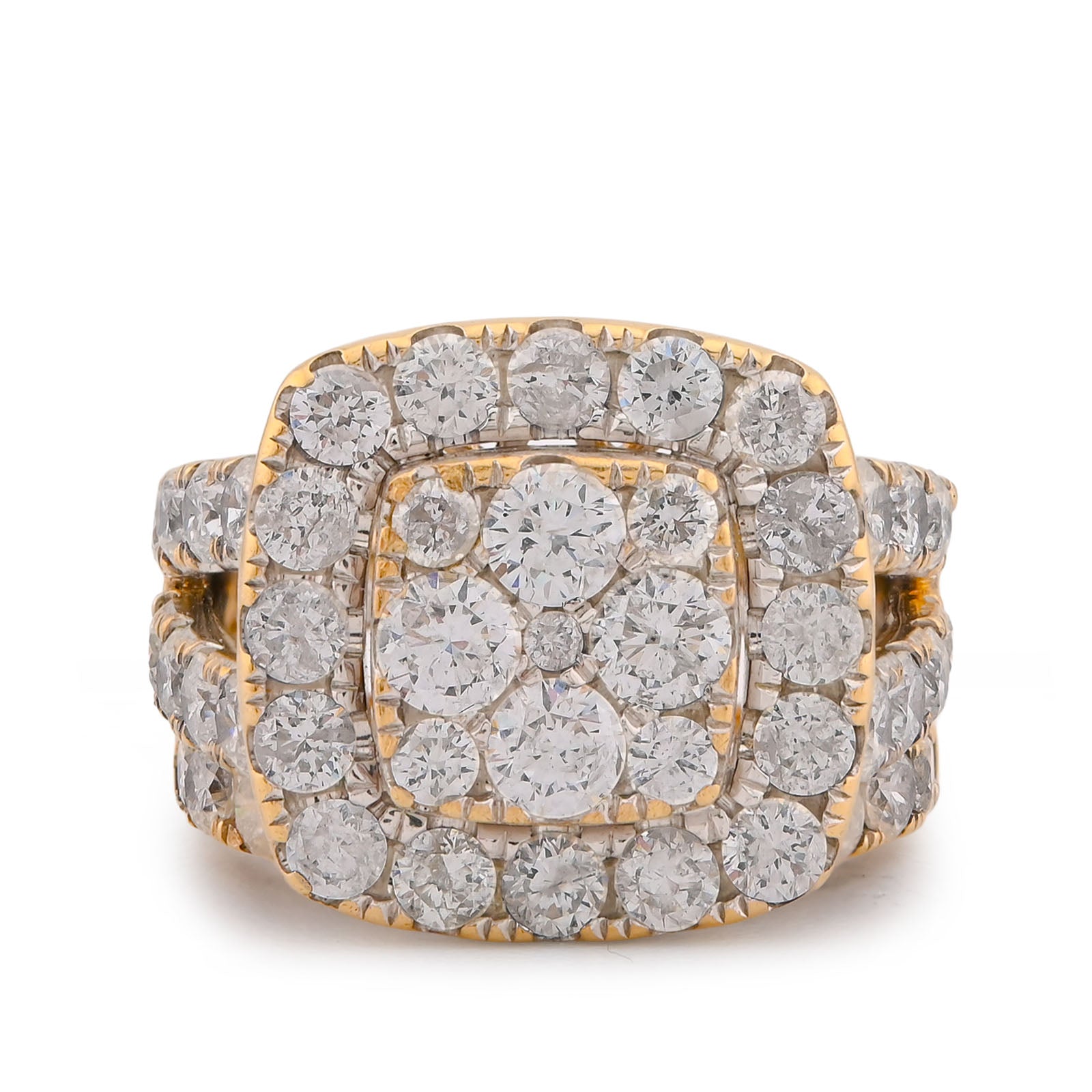 Square Shape Flower Cluster Halo 2 Row Natural Diamond 3.84CT Women Ring with Band 14K Yellow Gold