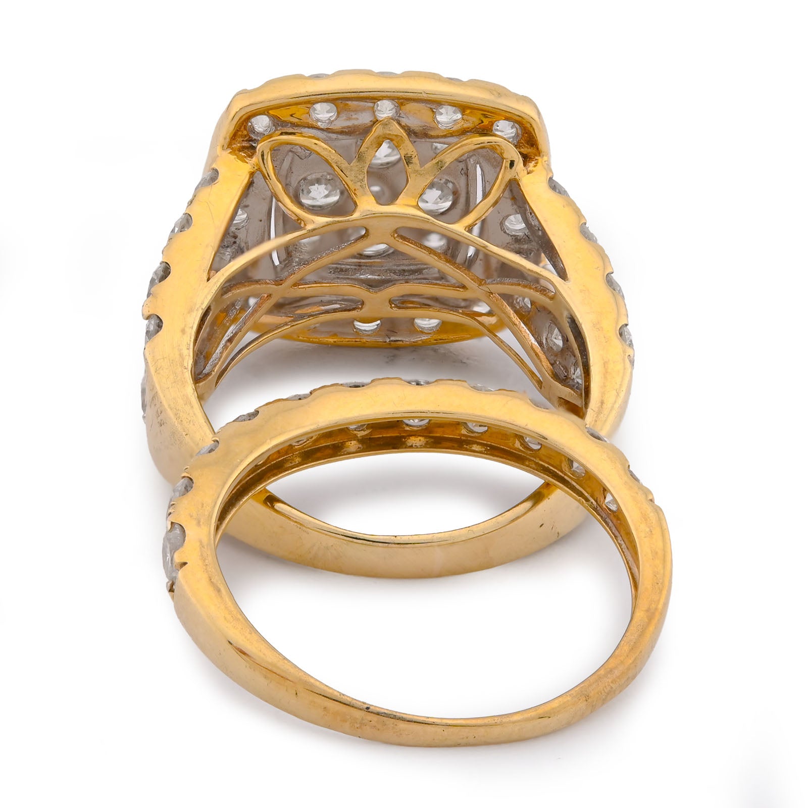 Square Shape Flower Cluster Halo 2 Row Natural Diamond 3.84CT Women Ring with Band 14K Yellow Gold