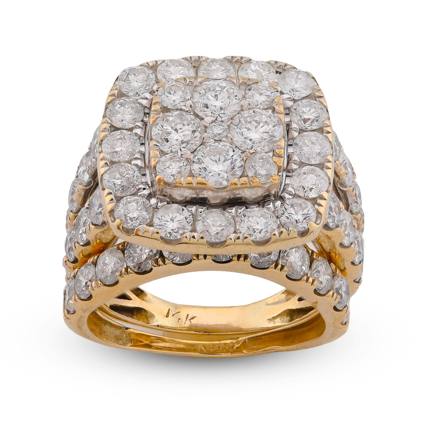 Square Shape Flower Cluster Halo 2 Row Natural Diamond 3.84CT Women Ring with Band 14K Yellow Gold