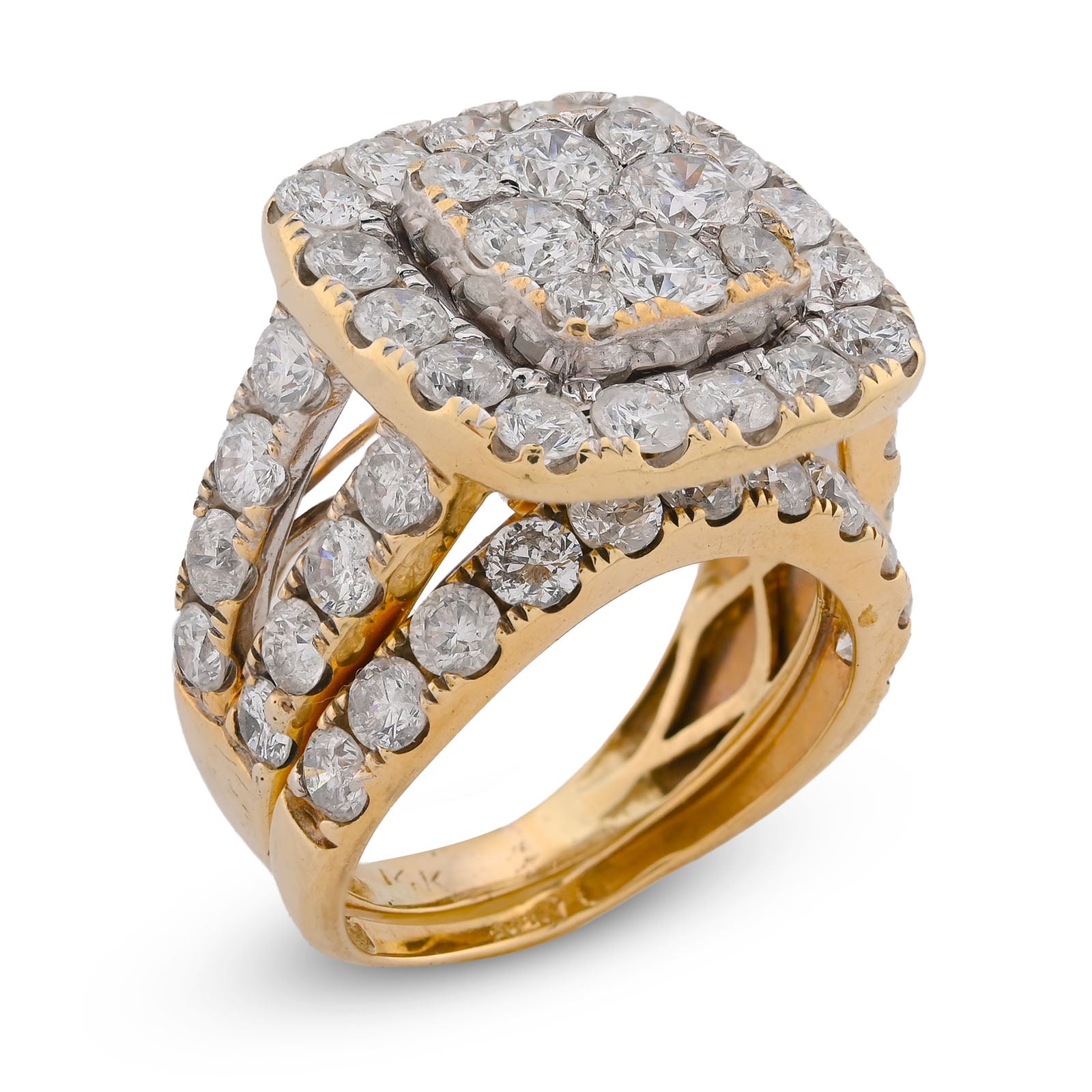 Square Shape Flower Cluster Halo 2 Row Natural Diamond 3.84CT Women Ring with Band 14K Yellow Gold