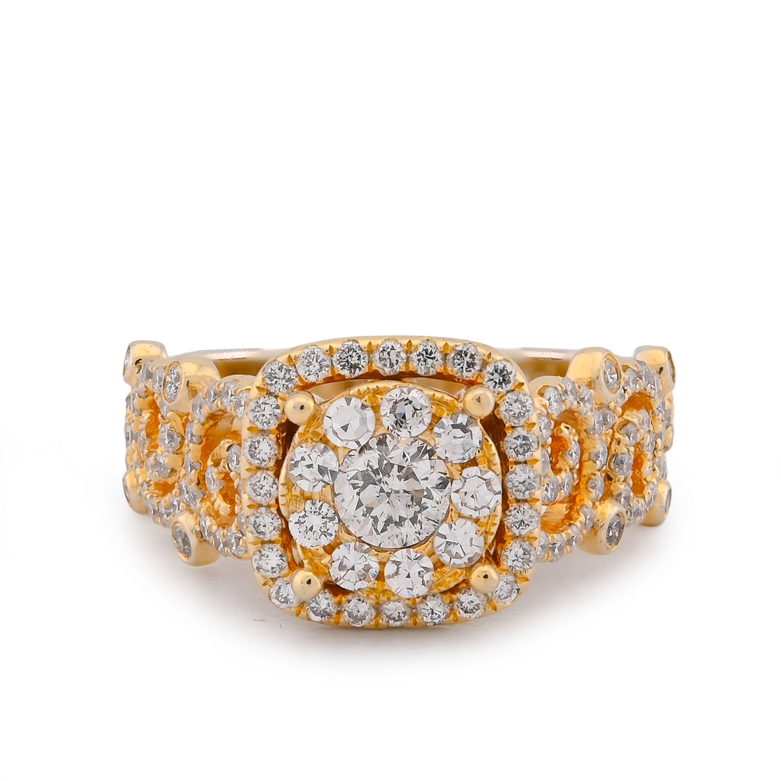 Round Solitaire Rectangular Halo Side Design 2.5CT Natural Diamond Women Ring 14K Yellow Gold