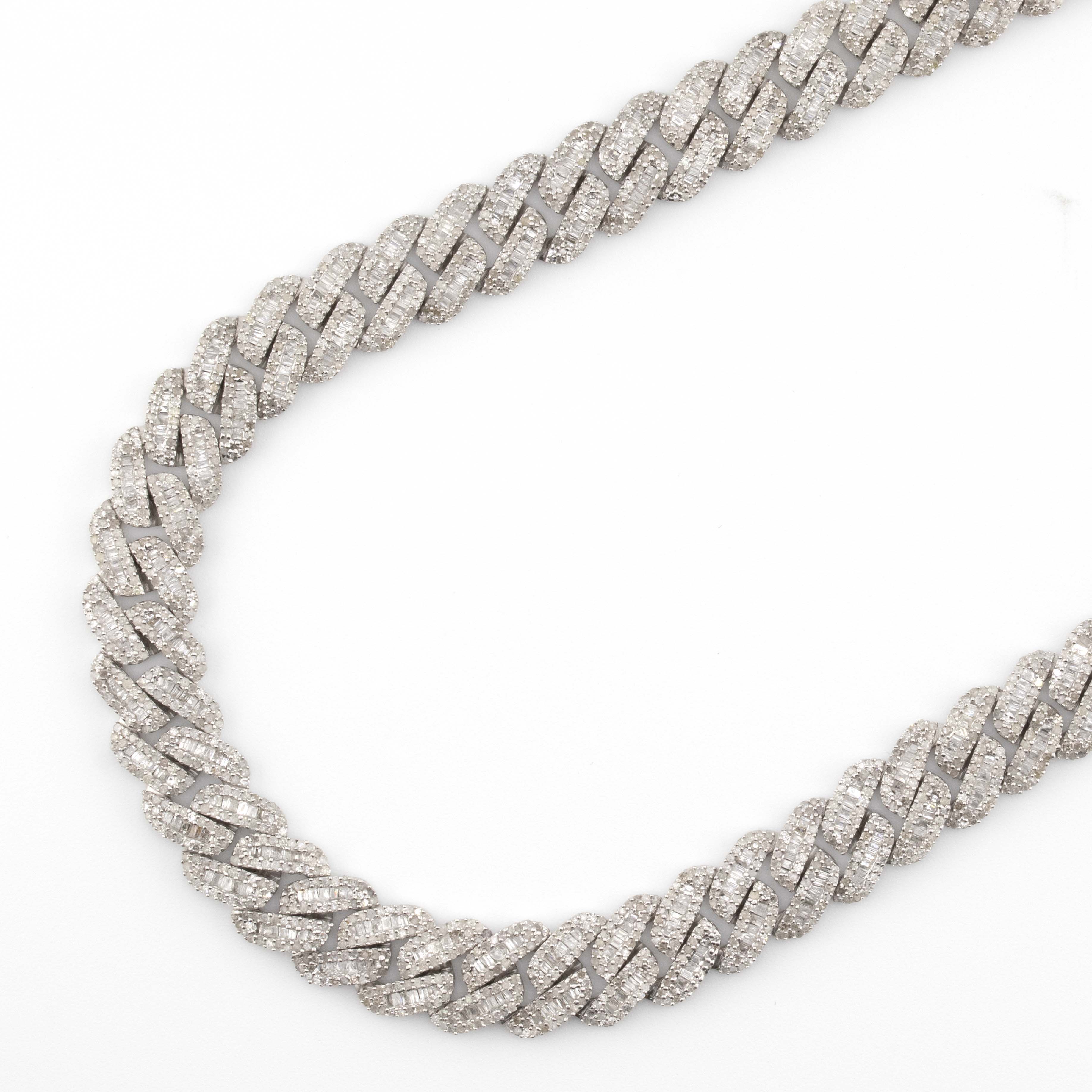 925 Silver w/ Round / Baguette Diamond Cuban Necklace 11mm 22"