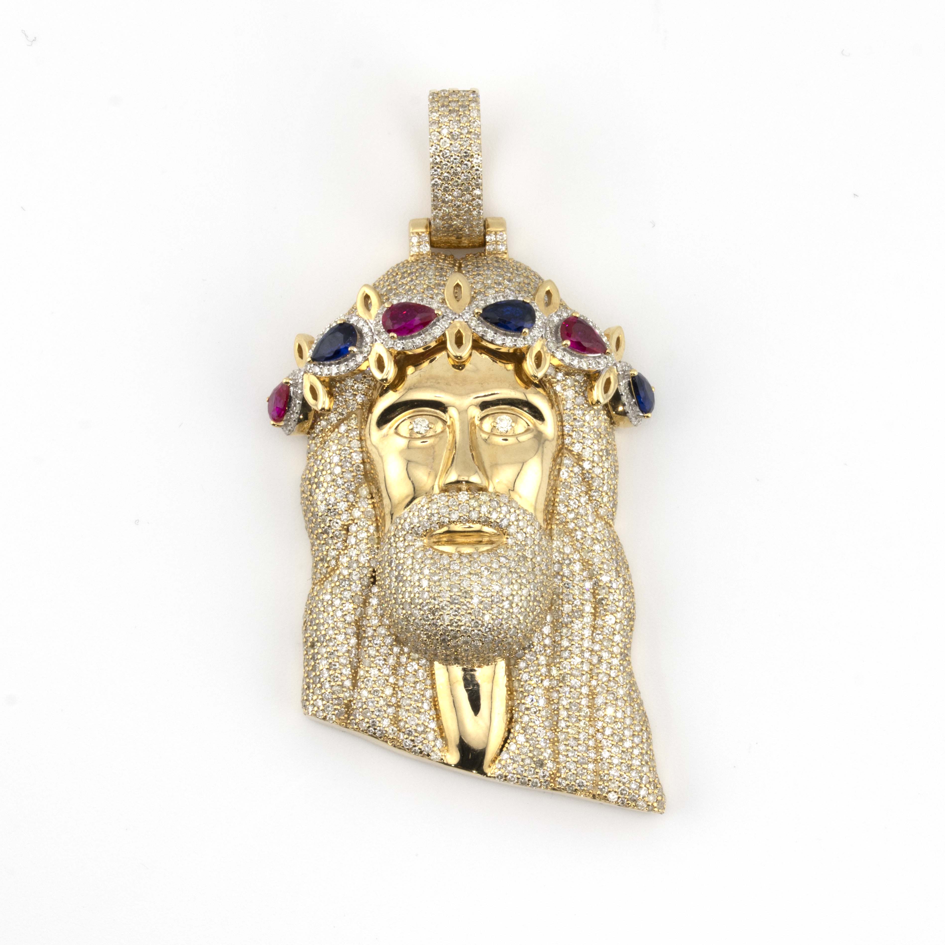 10K Yellow Gold Ruby and Sapphire Crown Jesus 7.45CT Diamond Pendant