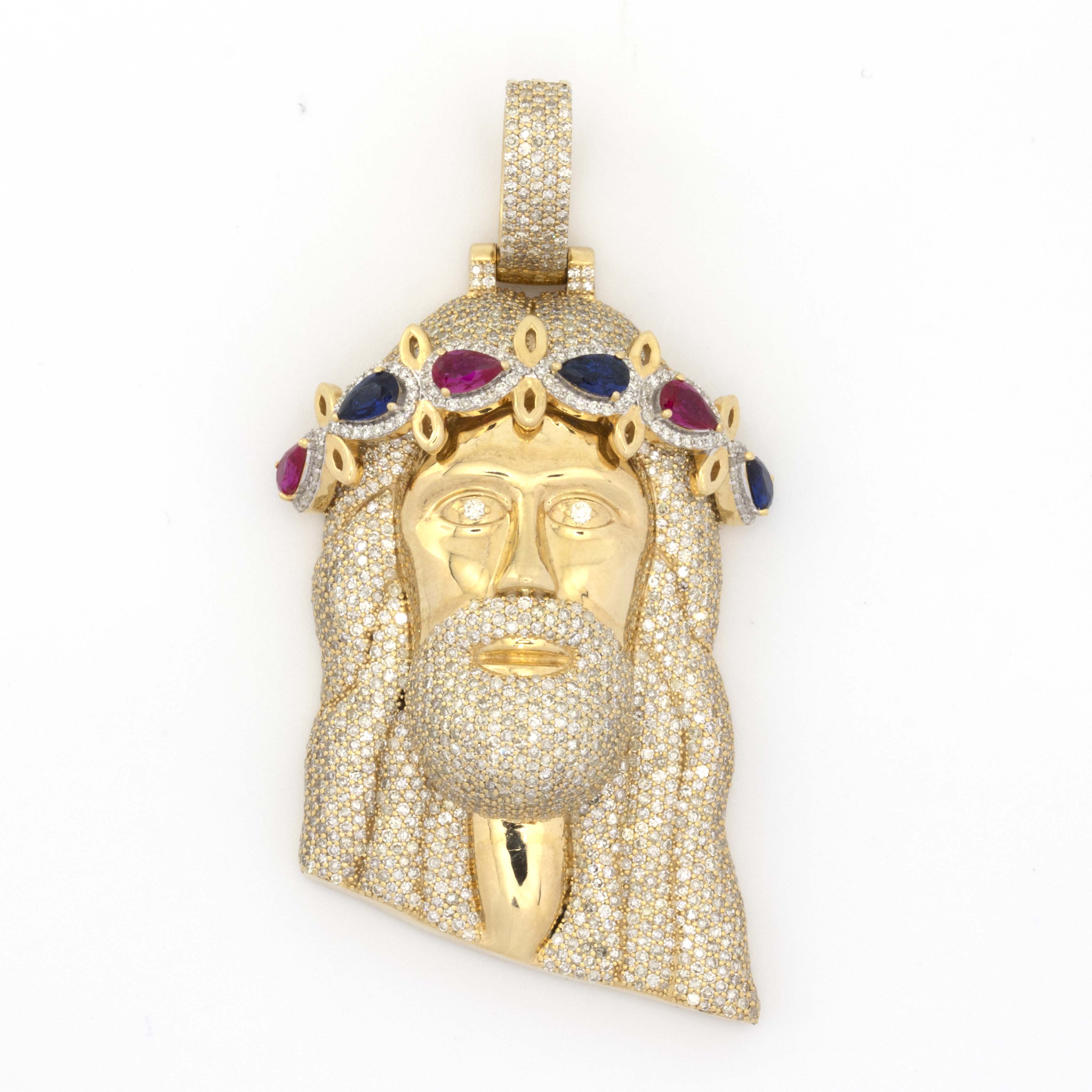 10K Yellow Gold Ruby and Sapphire Crown Jesus 7.45CT Diamond Pendant