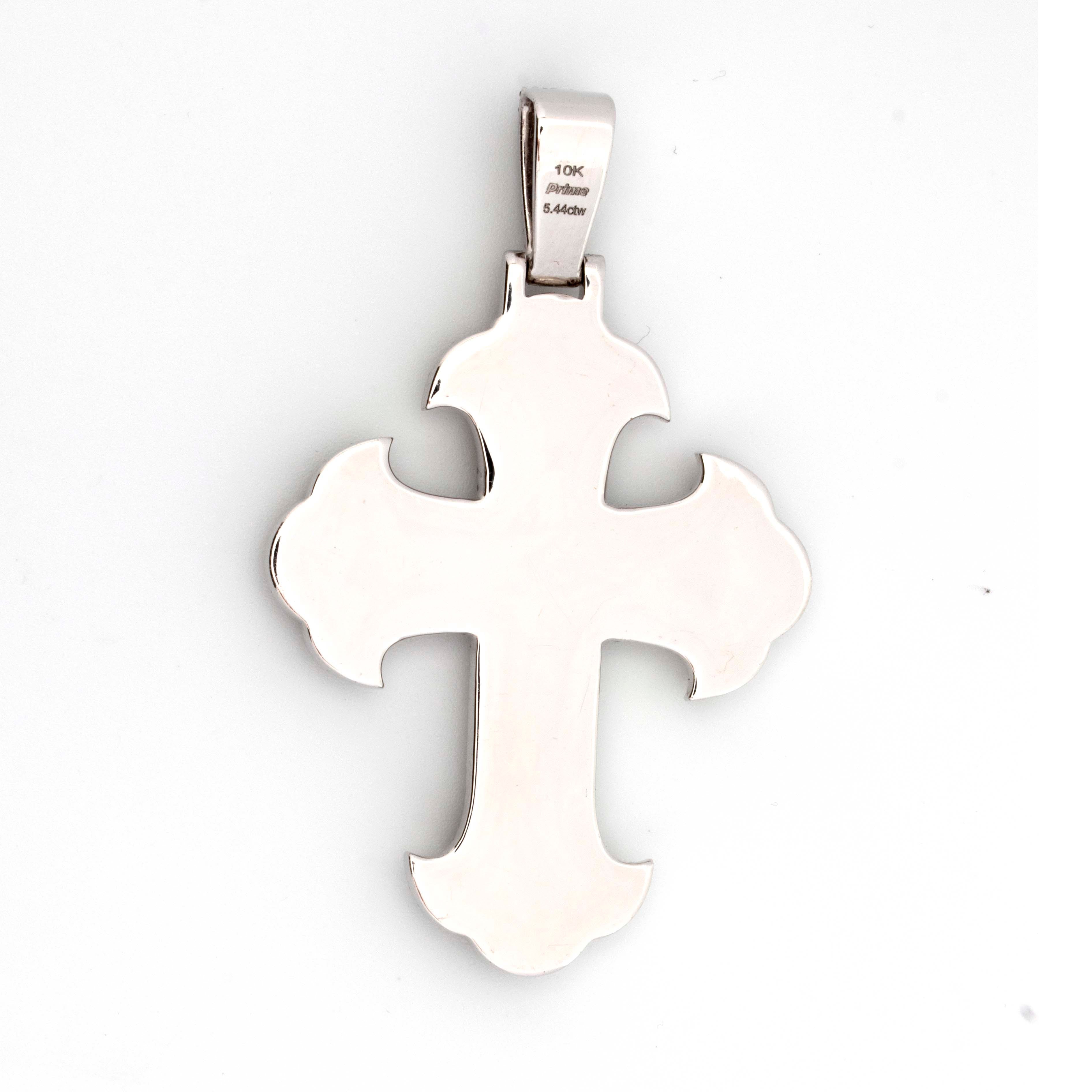 10K White Gold Baguette & Round Diamond 5.44CT Chrome Heart Cross Pendant