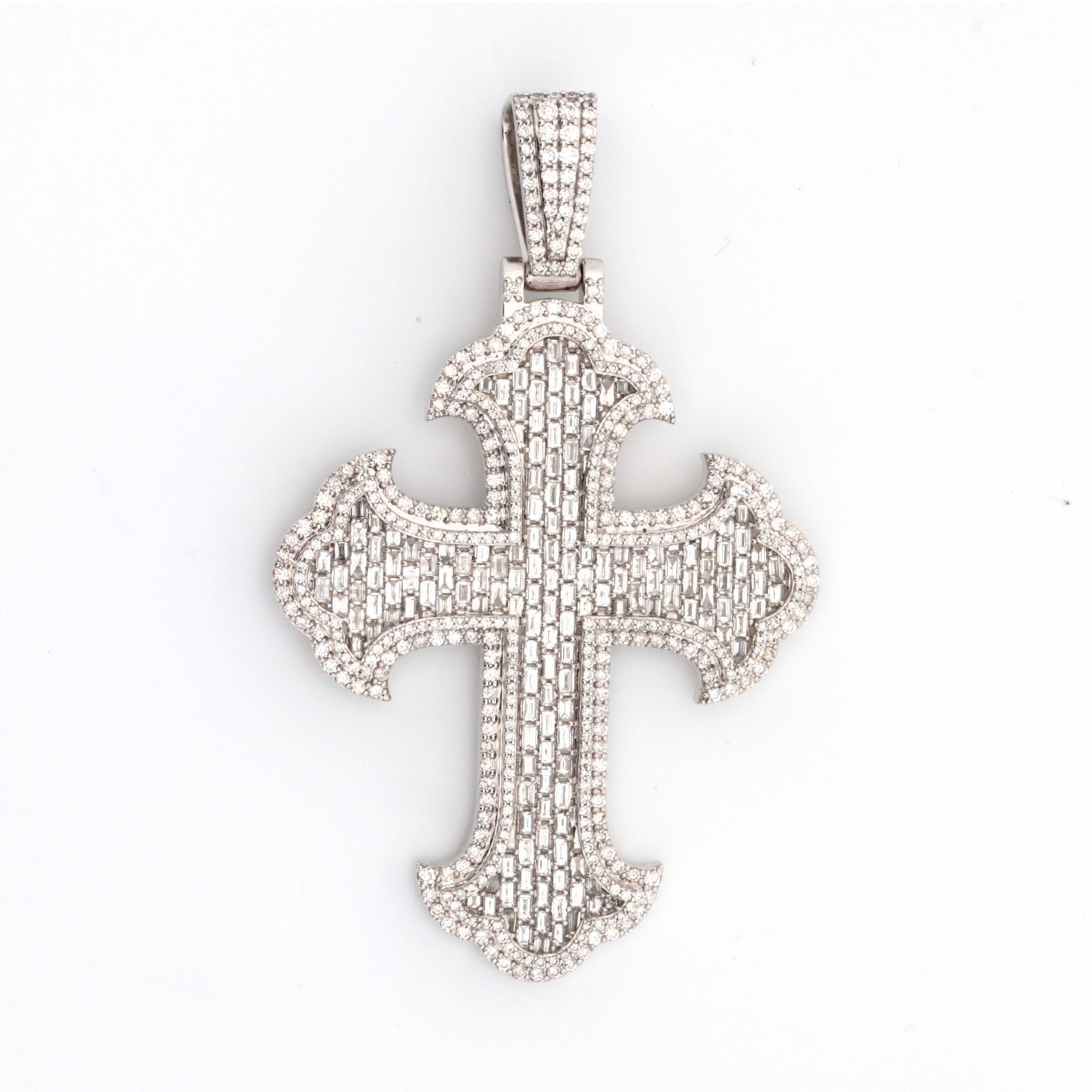 10K White Gold Baguette & Round Diamond 5.44CT Chrome Heart Cross Pendant