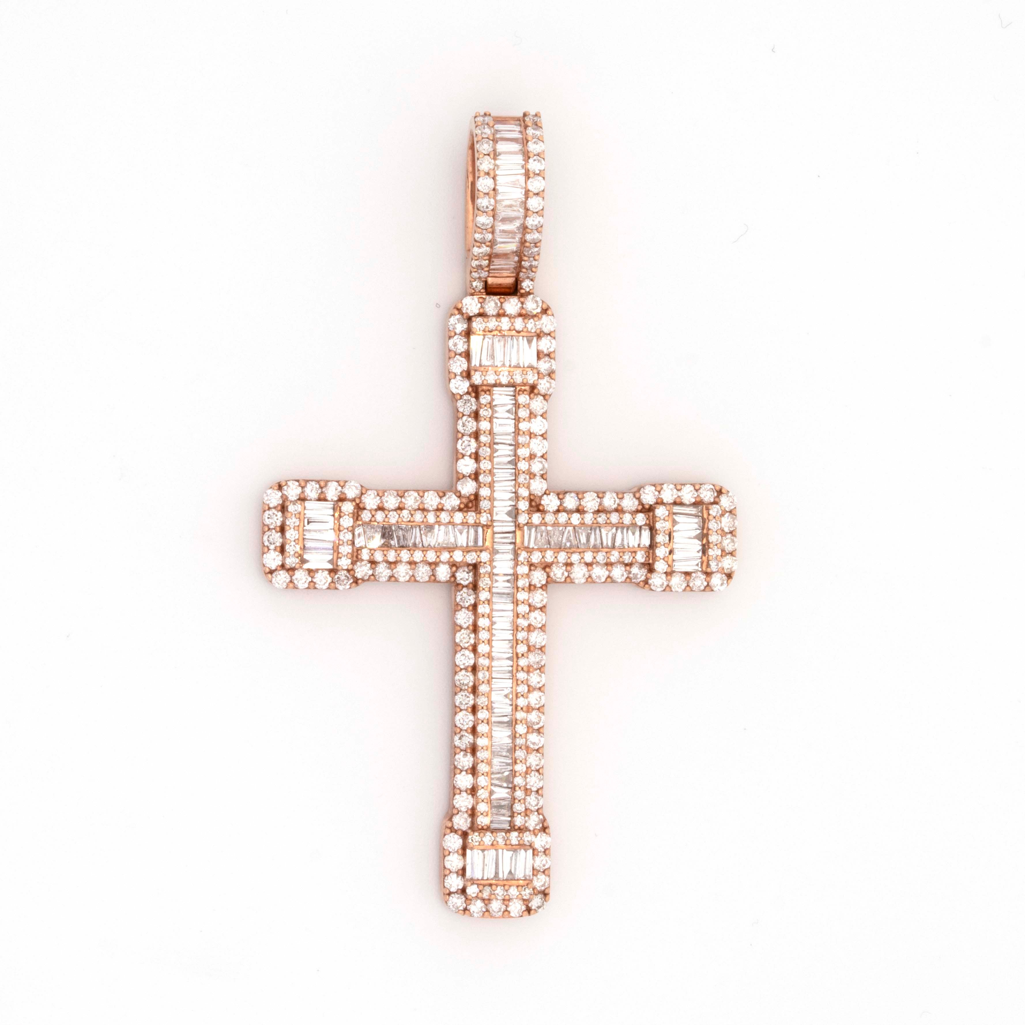 10K Rose Gold Baguette & Round Diamond 3.91CT Cross Pendant