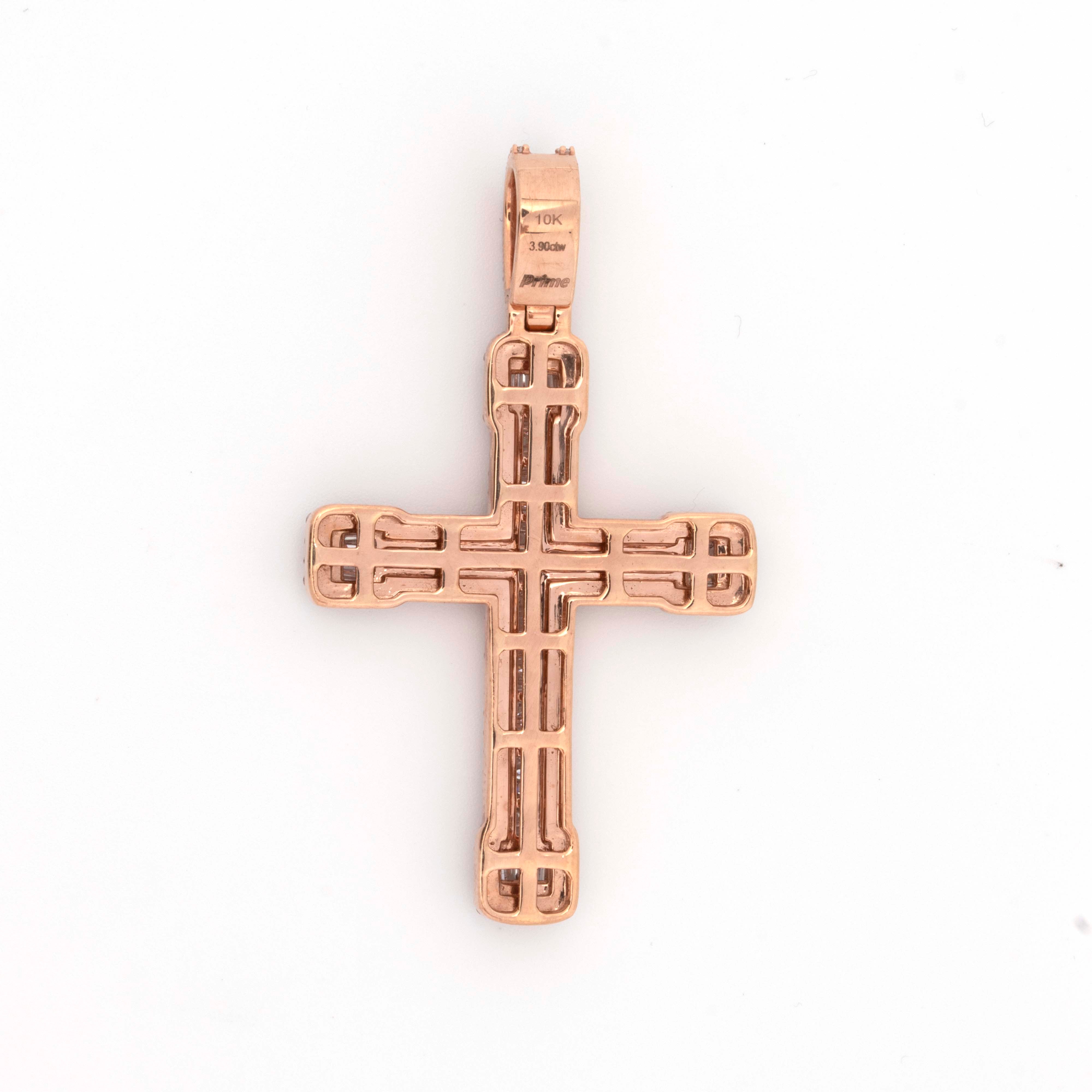 10K Rose Gold Baguette & Round Diamond 3.91CT Cross Pendant