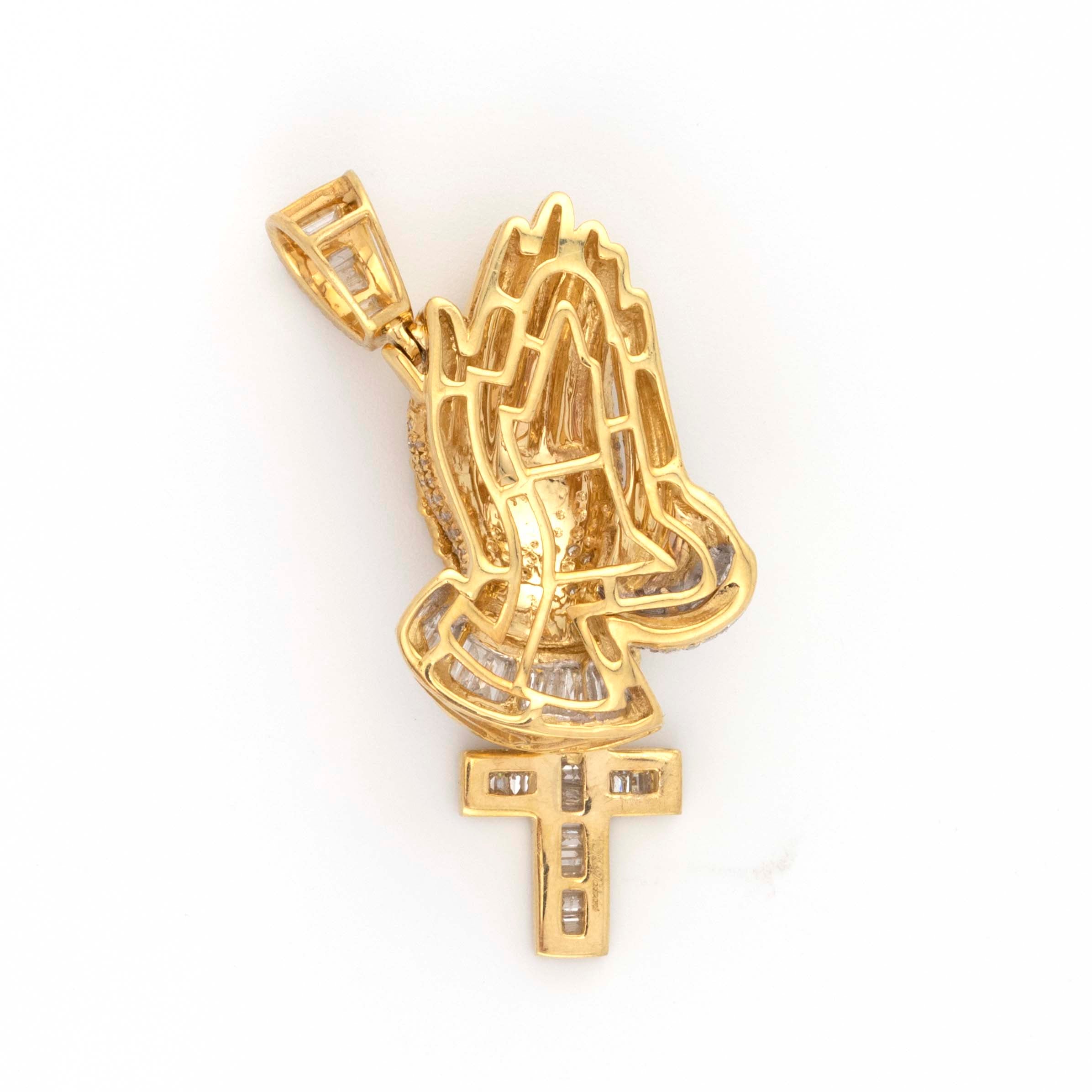 10k Yellow / White Gold 1.50CT Baguette and Round Diamond Praying Hands with Dangling Rosary Cross