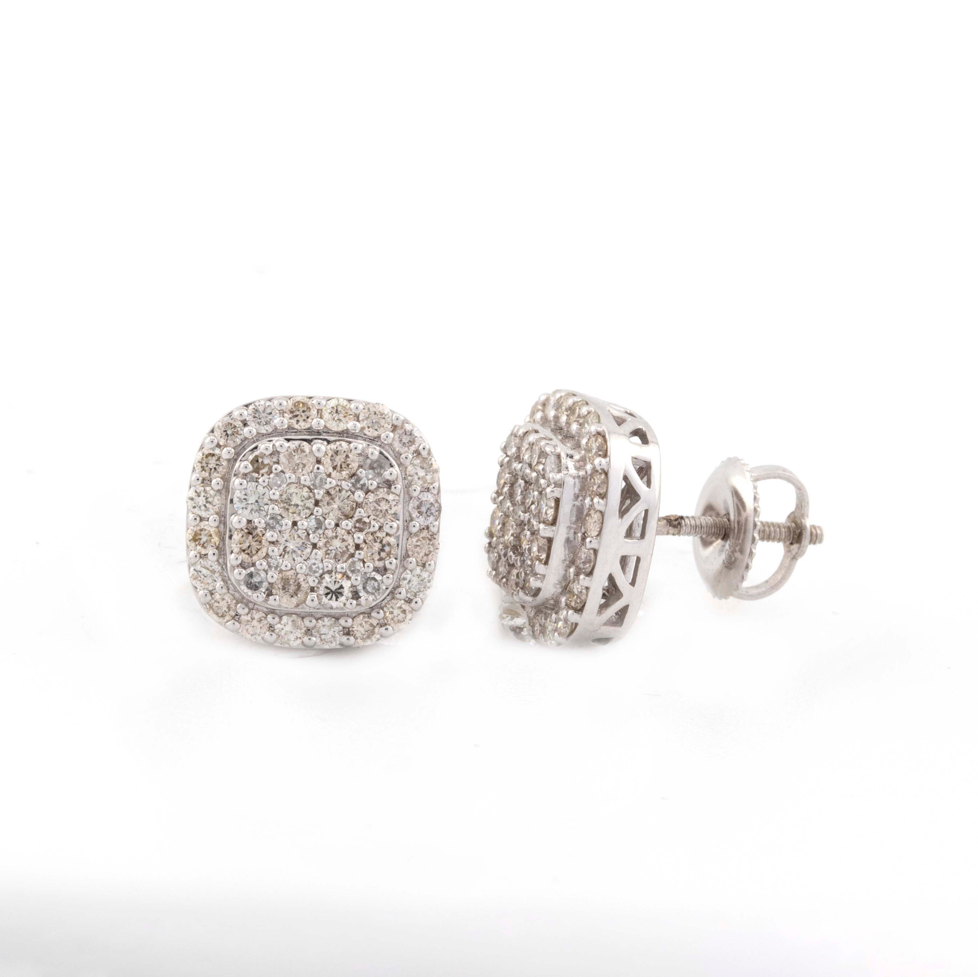 10k White Gold Cushion Shape Round 1CT Diamond Earrings (11mm)