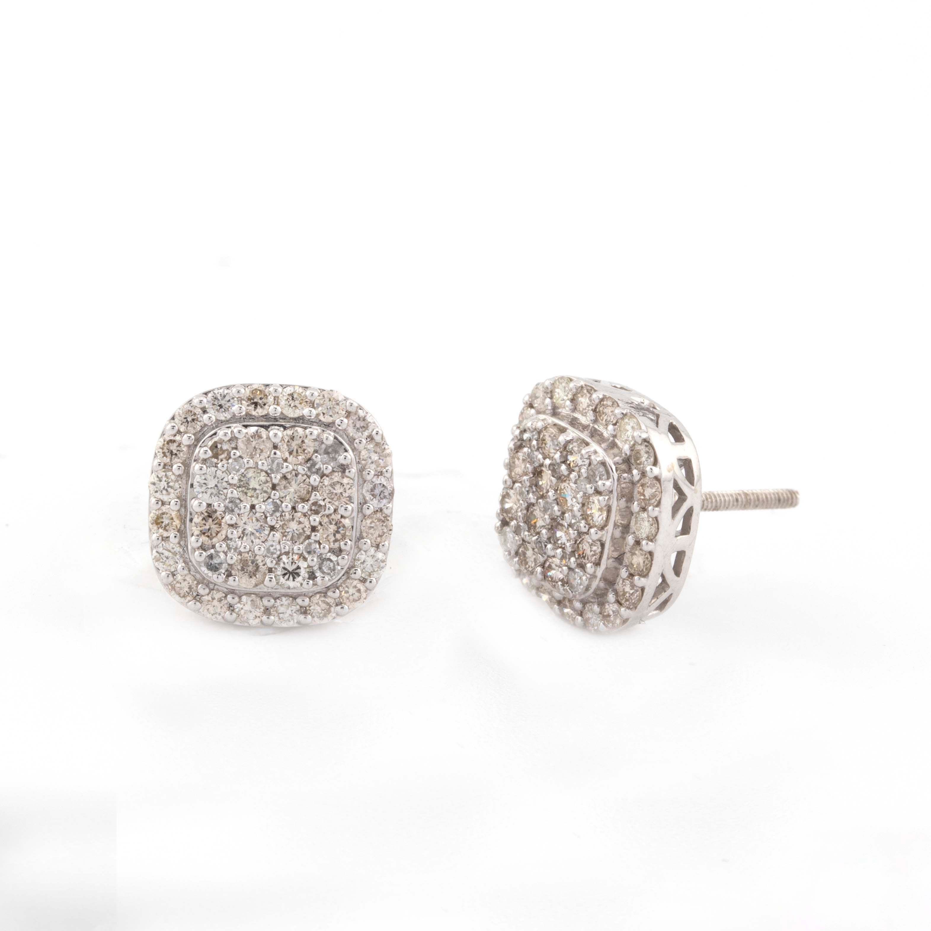 10k White Gold Cushion Shape Round 1CT Diamond Earrings (11mm)