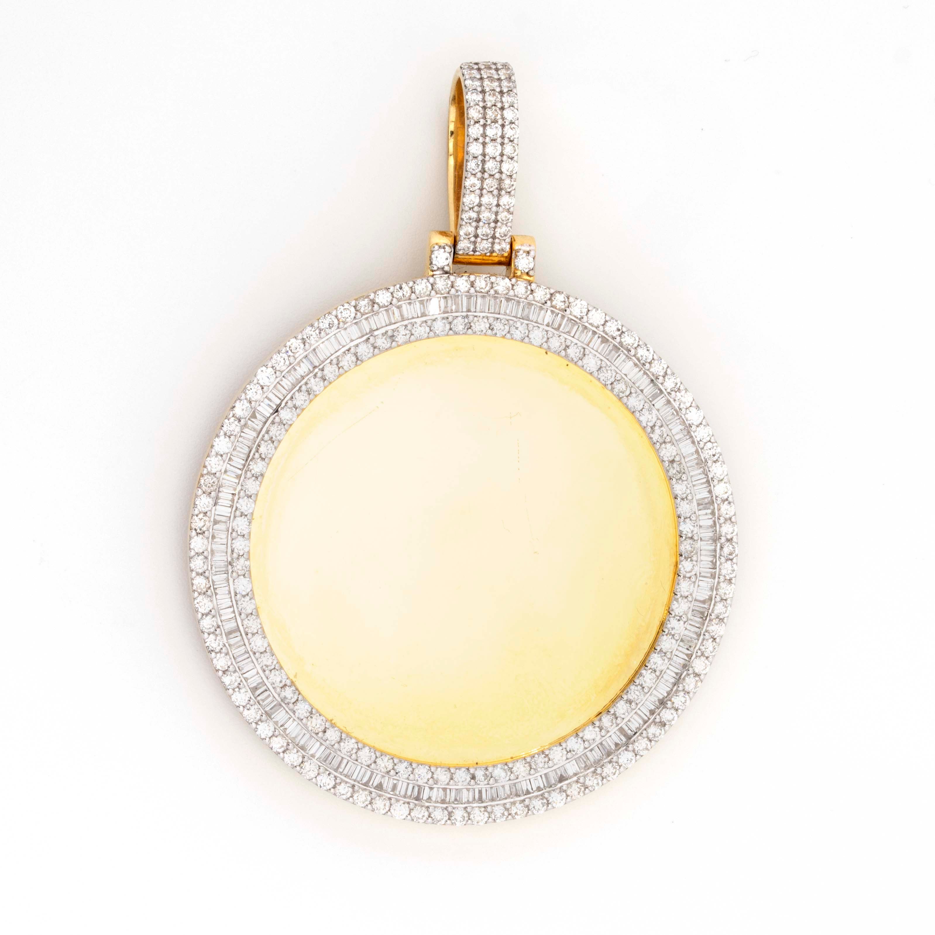 10K Yellow Gold Baguette Round Diamond Memory Frame 3.38CT Pendant