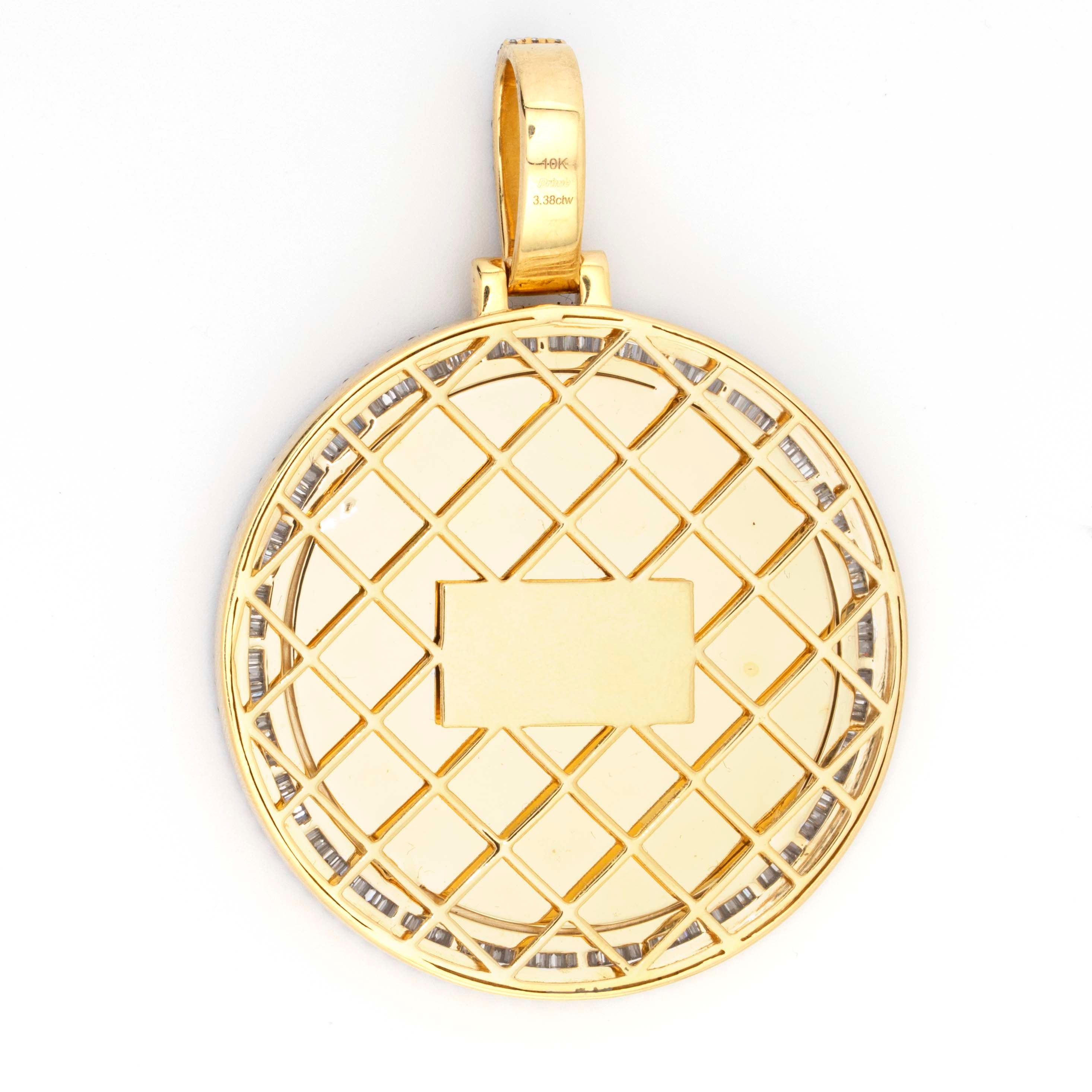 10K Yellow Gold Baguette Round Diamond Memory Frame 3.38CT Pendant