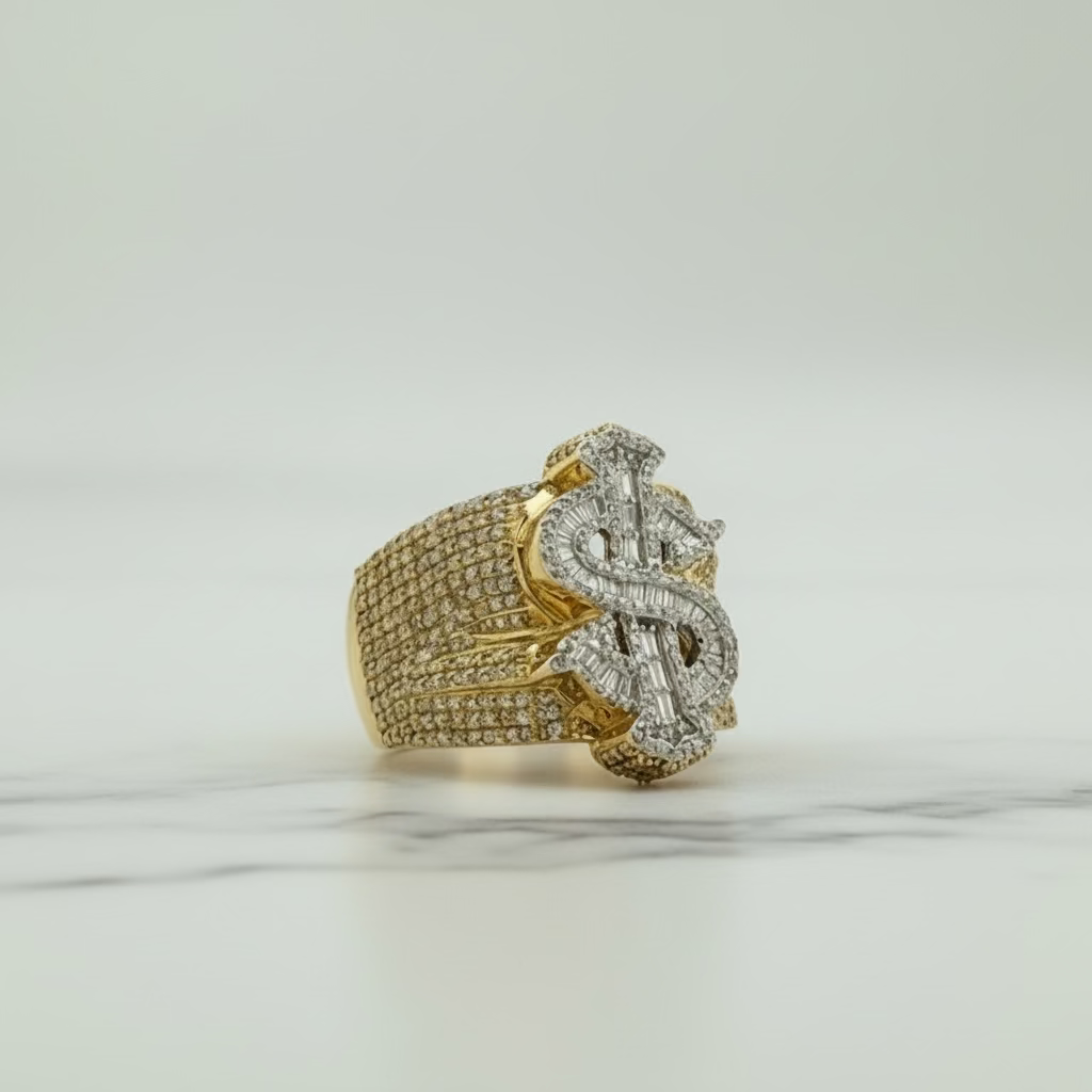 10K Yellow Gold Baguette Round Natural Diamond "$" Dollar Ring