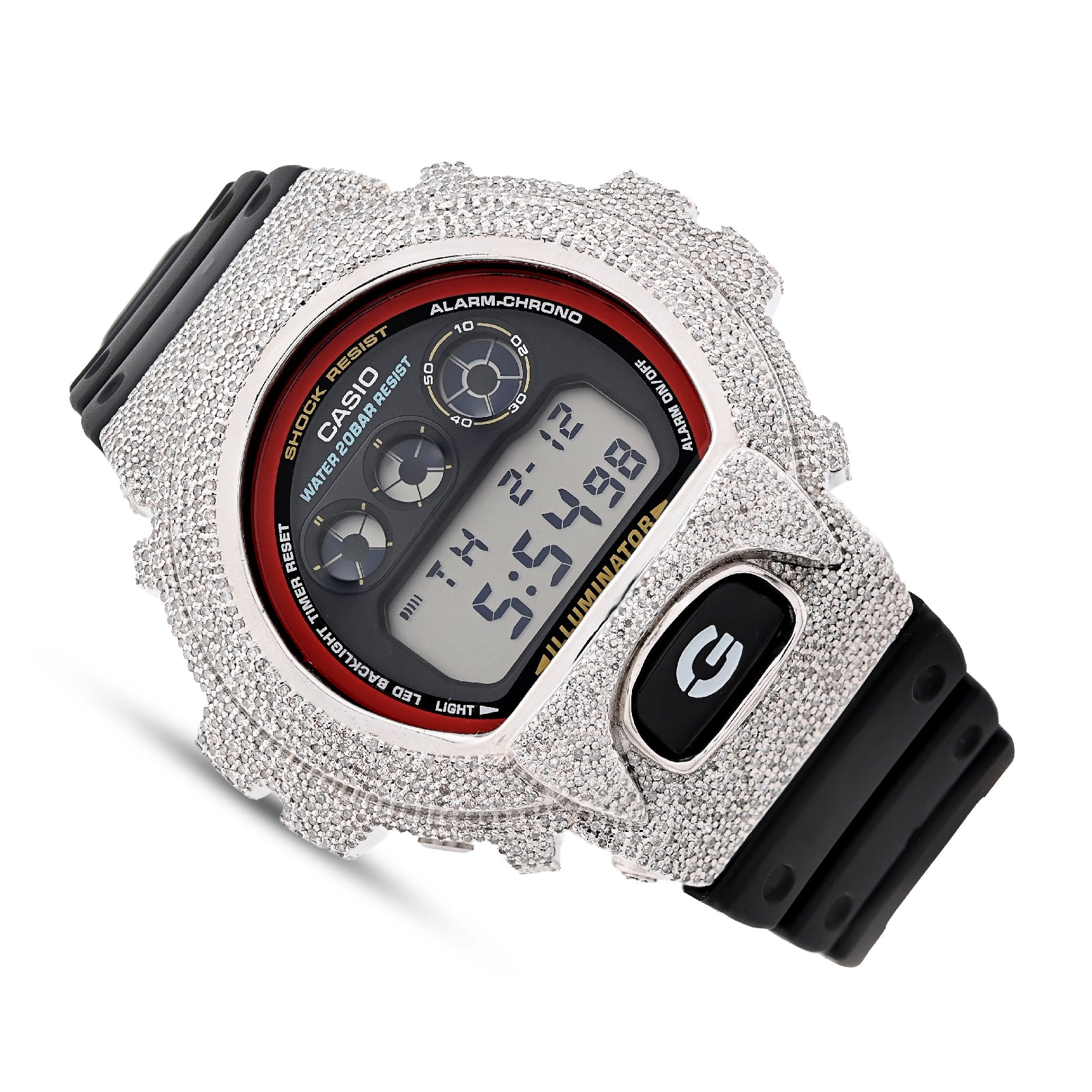 Digital watch with a silver glittery case on a white background