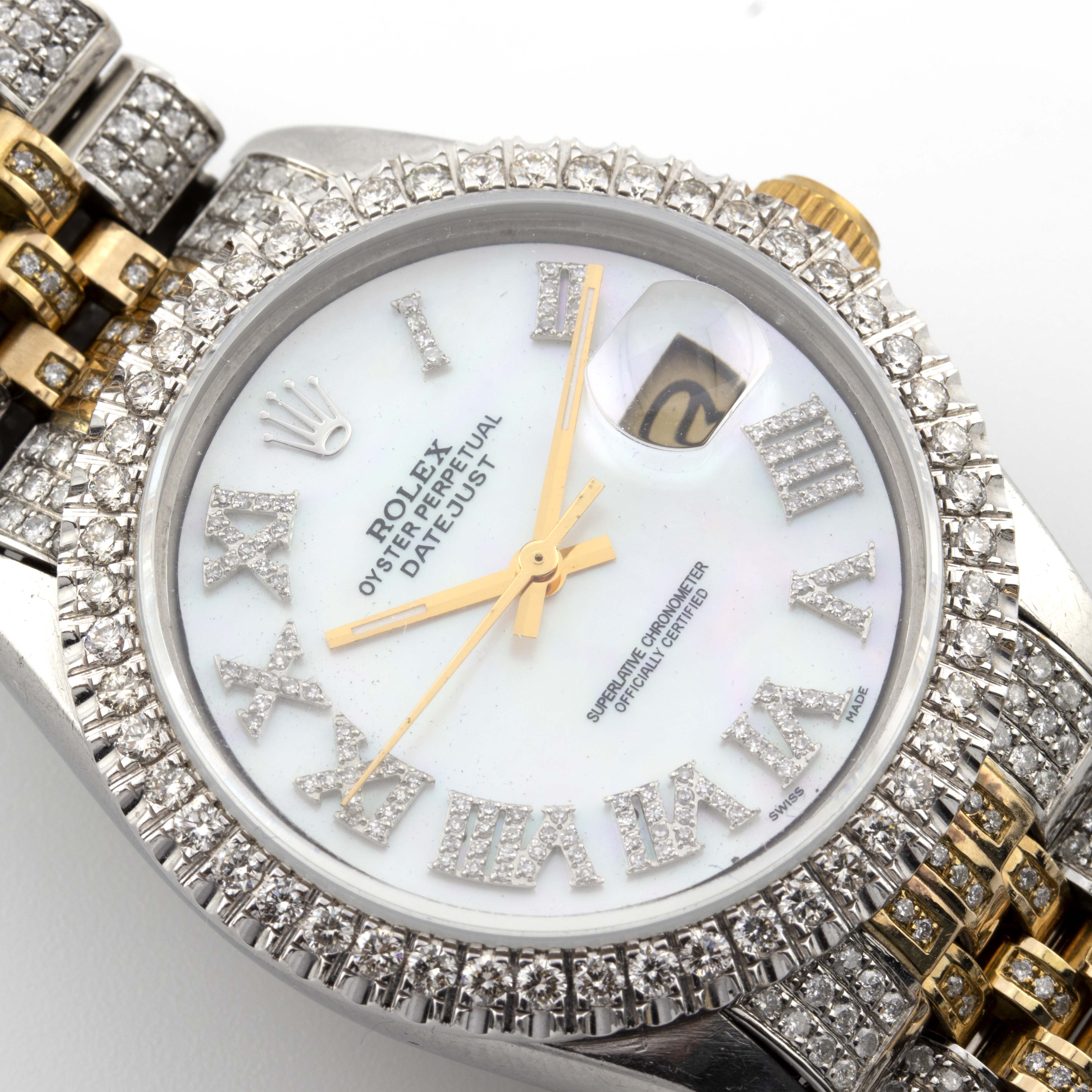 Rolex 36mm Datejust TwoTone Fully Iced Out Yellow Jubliee Band Single Row Natural Diamond Bezel MOP Roman Diamond Dial