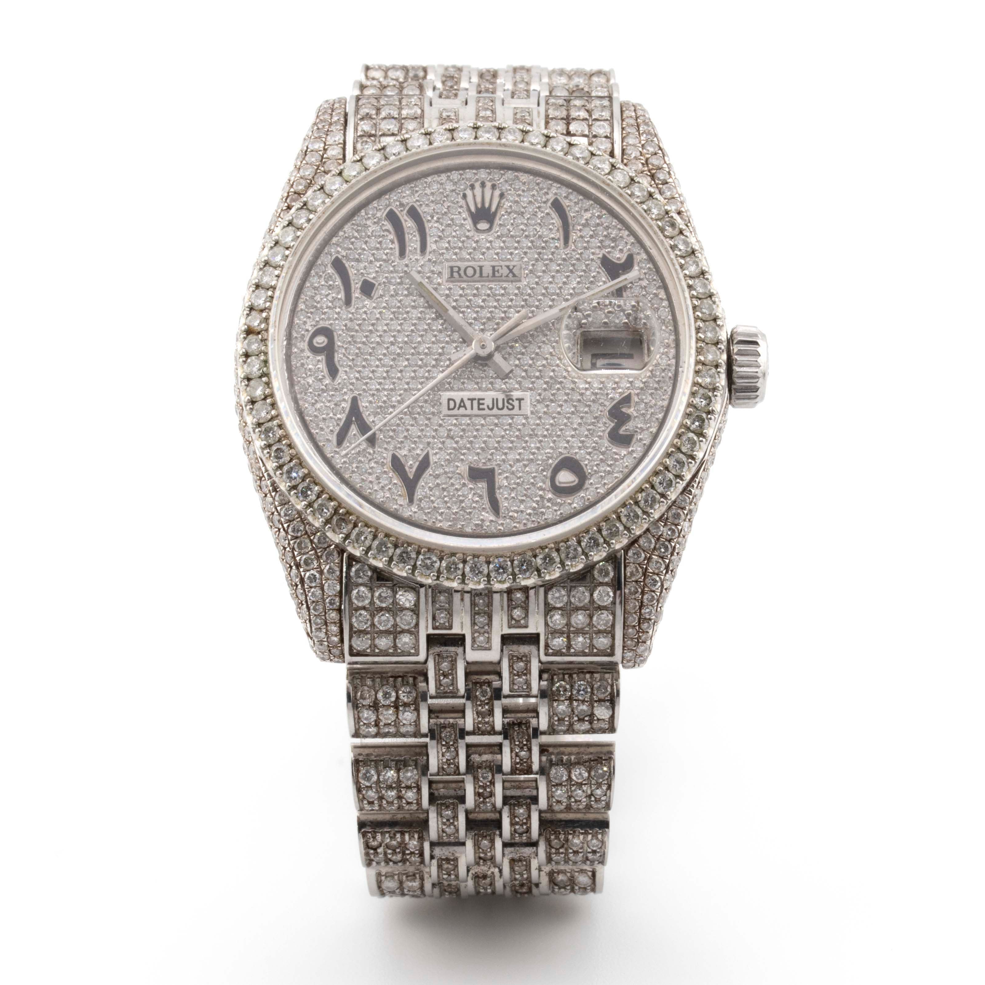 Rolex 36mm Datejust All White Fully Iced Out Jubliee Band Single Row Diamond Bezel Arabic Full Diamond Dial