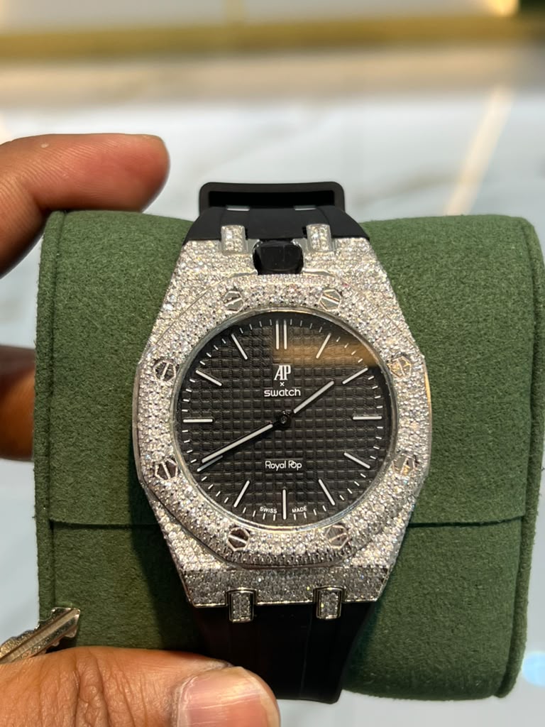 AP x Swatch Royal Pop Natural Diamond Customized 6.5CT Black Strap Black Dial Watch - Elite Jewelers-Luxury Watch