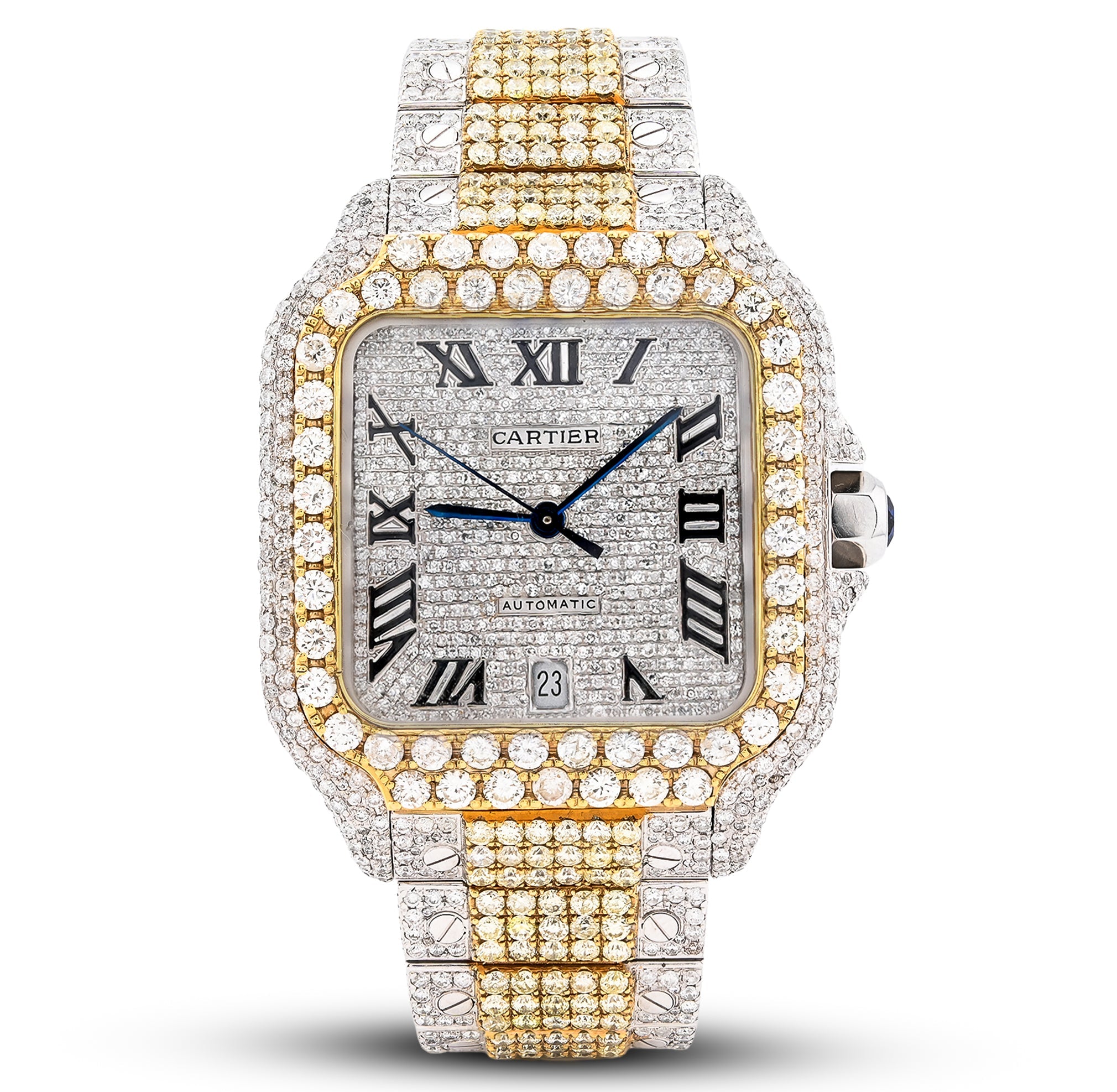 Cartier Santos 2 Tone Yellow & White 40MM 18CT Lab Diamond Watch - Elite Jewelers - Luxury Watch