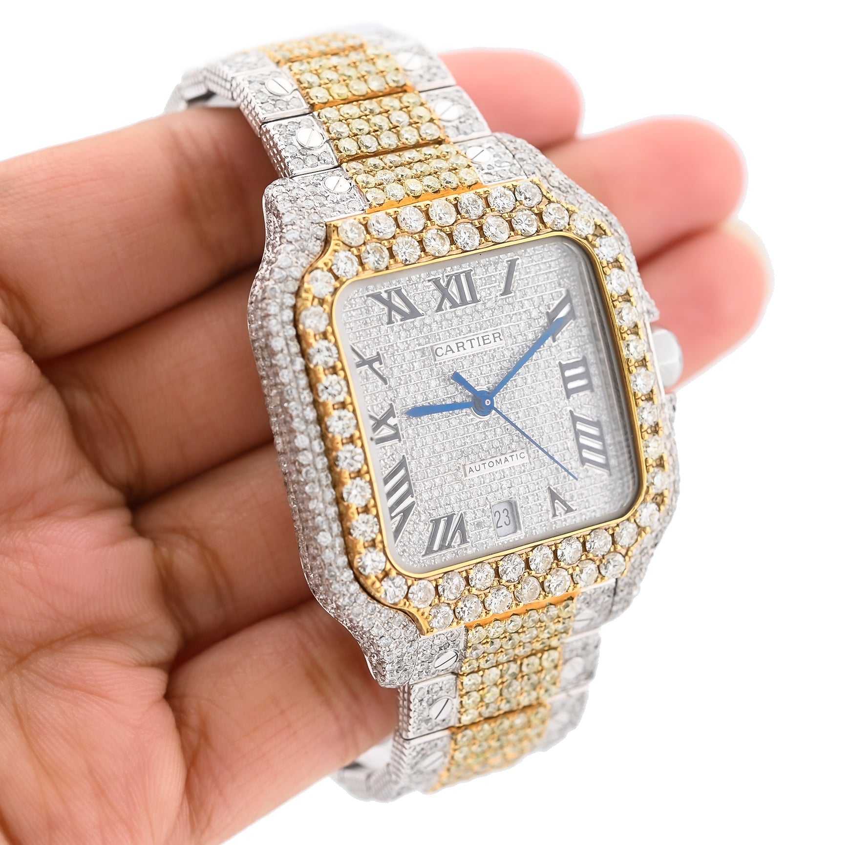 Cartier Santos 2 Tone Yellow & White 40MM 18CT Lab Diamond Watch - Elite Jewelers - Luxury Watch