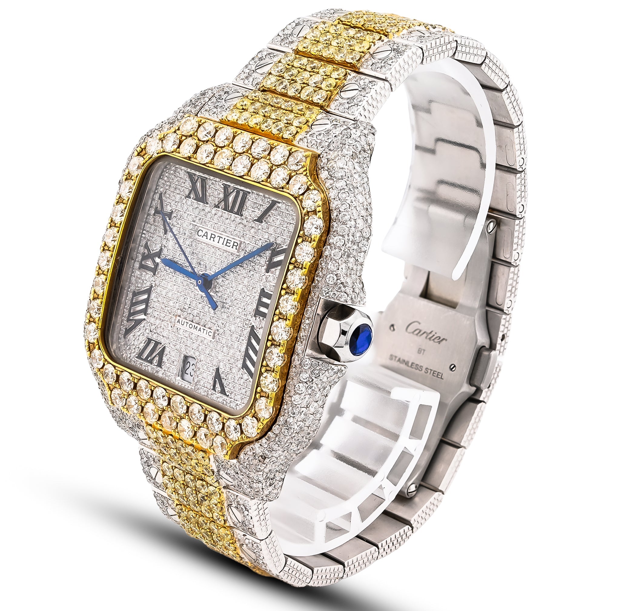 Cartier Santos 2 Tone Yellow & White 40MM 18CT Lab Diamond Watch - Elite Jewelers - Luxury Watch