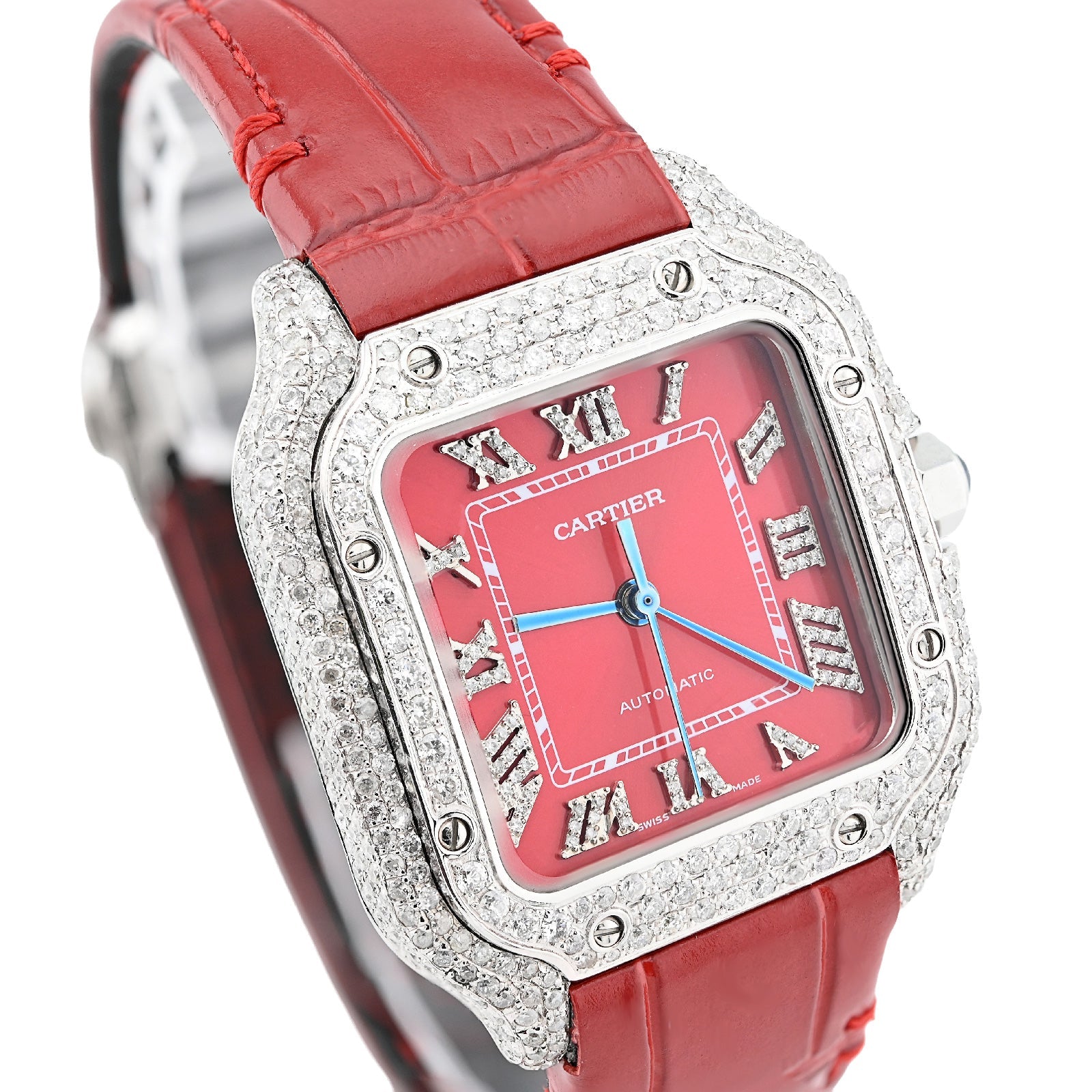 Cartier Santos 35MM Red Face and Leather Band 2CT Natural Diamond Watch - Elite Jewelers - Luxury Watch