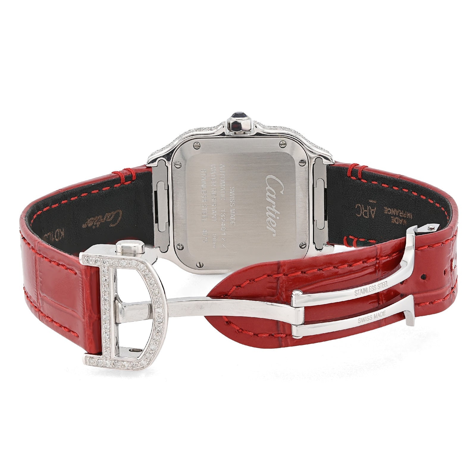 Cartier Santos 35MM Red Face and Leather Band 2CT Natural Diamond Watch - Elite Jewelers - Luxury Watch