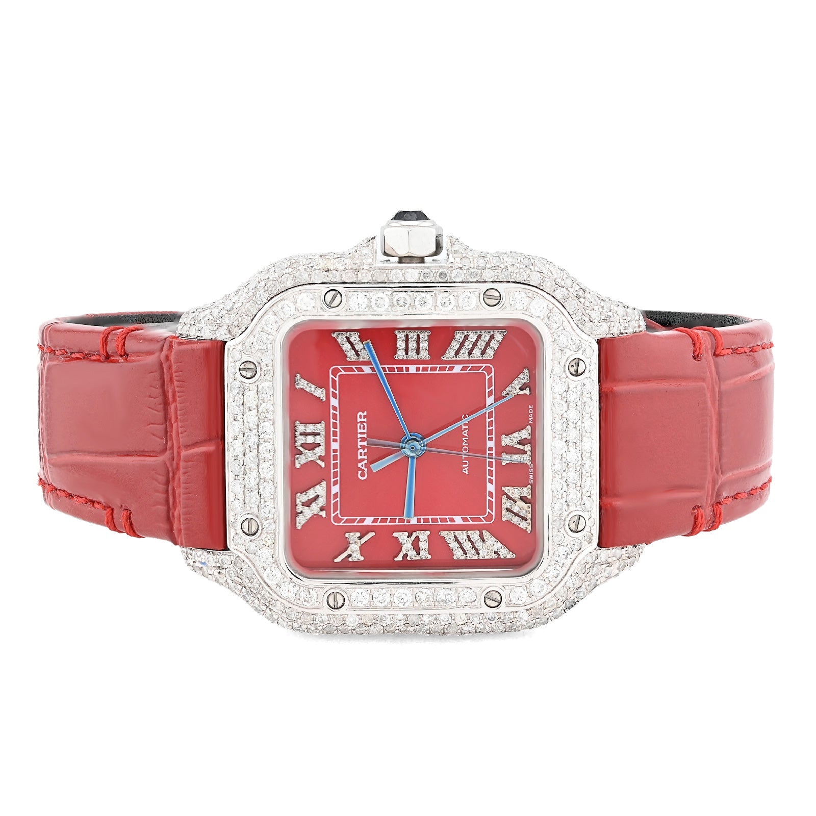 Cartier Santos 35MM Red Face and Leather Band 2CT Natural Diamond Watch - Elite Jewelers - Luxury Watch