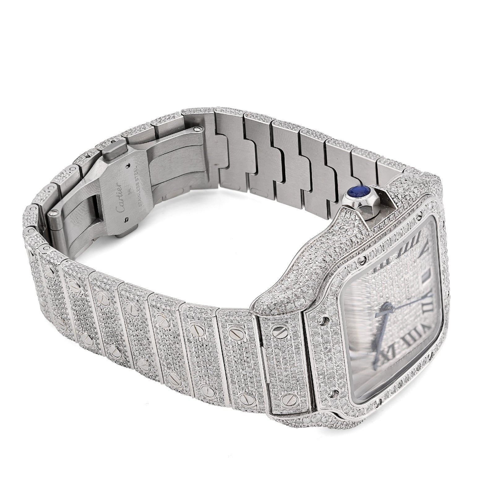 Cartier Santos 40MM 12CT Natural Diamond All White Bussdown Watch - Elite Jewelers - Luxury Watch