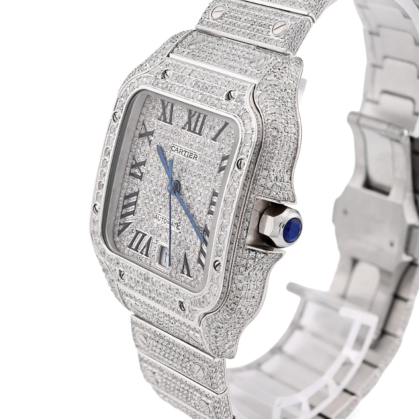 Cartier Santos 40MM 12CT Natural Diamond All White Bussdown Watch - Elite Jewelers - Luxury Watch